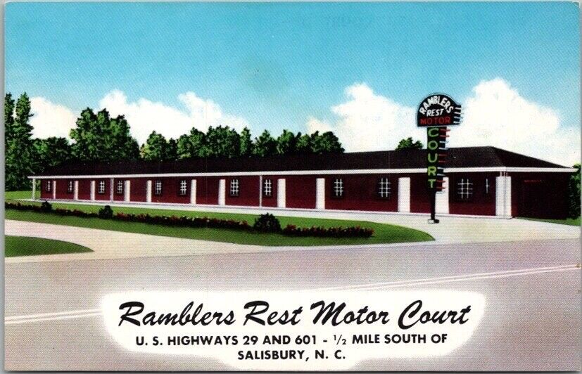 1950s SALISBURY North Carolina Postcard RAMBLERS REST MOTOR COURT Hwy 29 Chrome