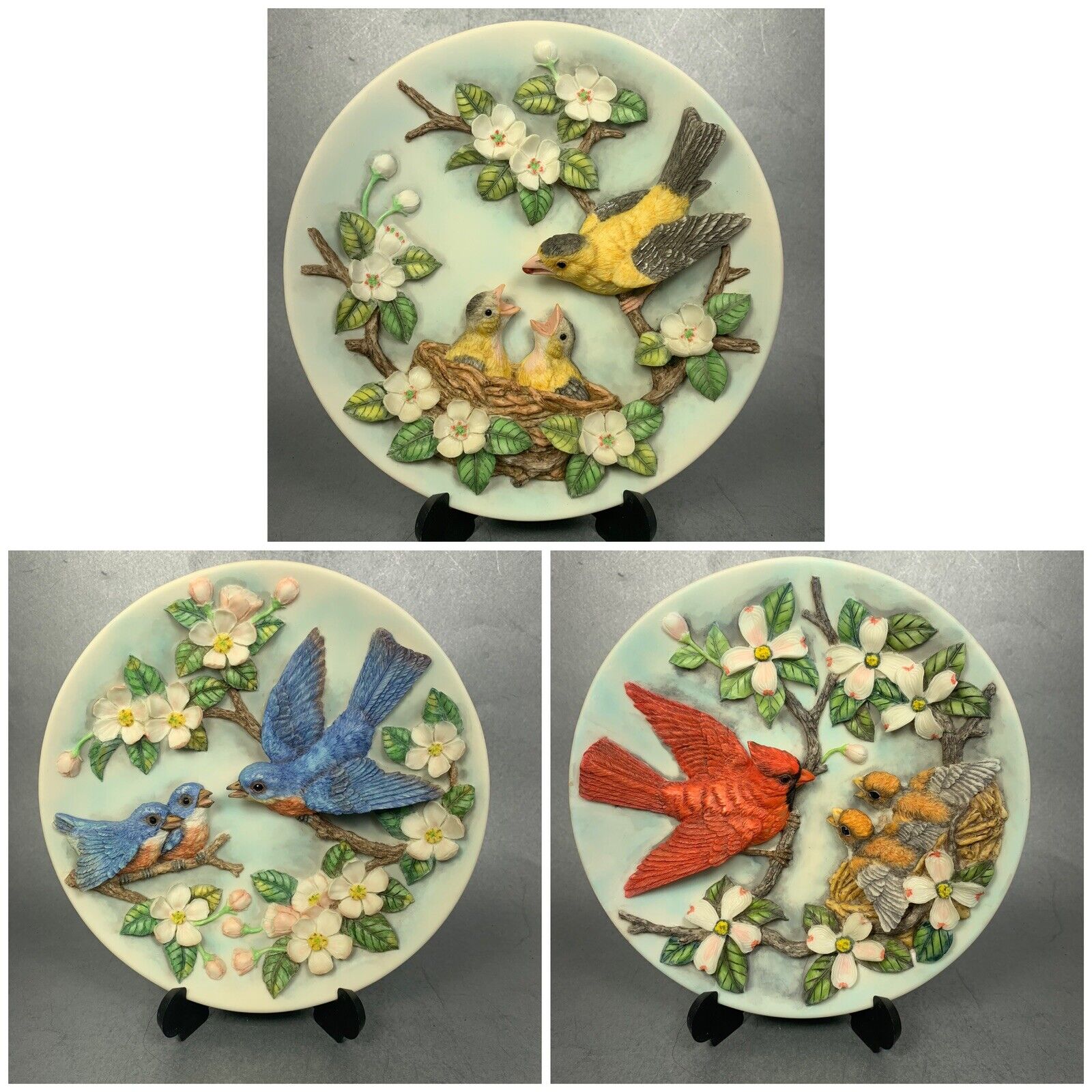 Rhodes Studios Bradex Plates Sculptured Songbirds Feeding Nest Cardinal Bluejay
