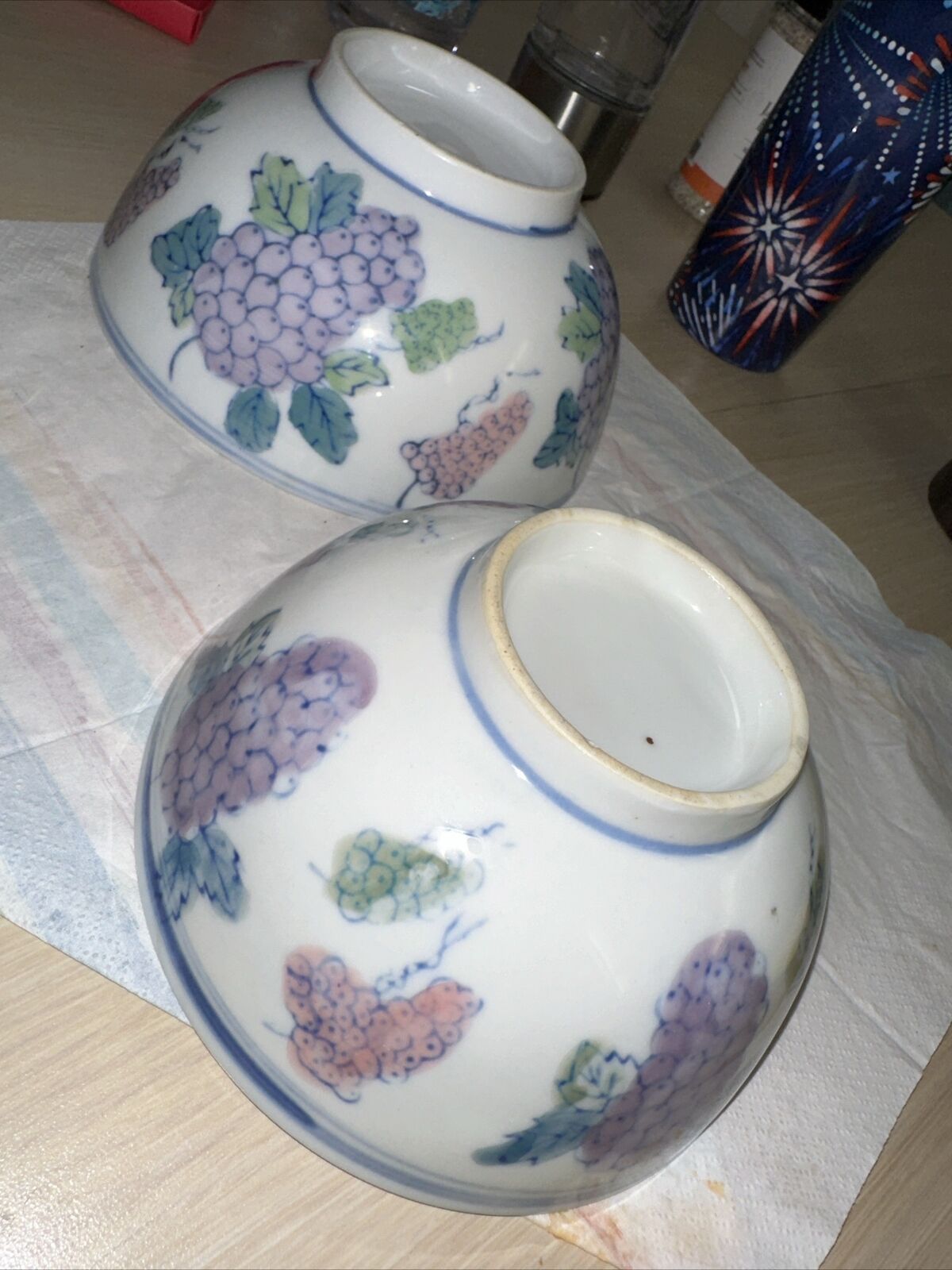 Two vintage Asian style bowl grape designs unsigned hand painted porcelain