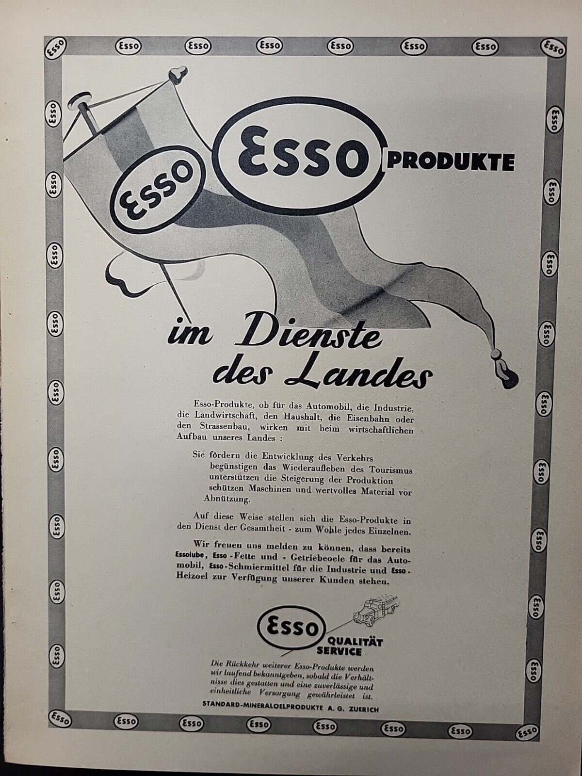 Esso Motor Oil 1946 Print Ad Du Magazine Swiss German Border Tear Sheet