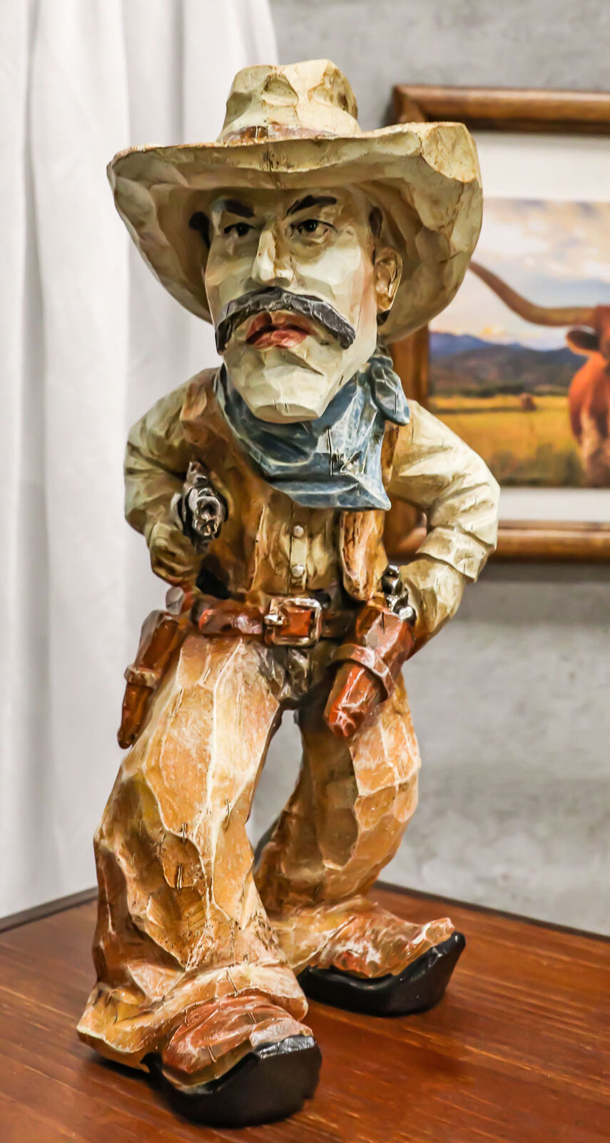 Old World Rustic Western Vintage Old Grit Cowboy With Guns Blazing Statue