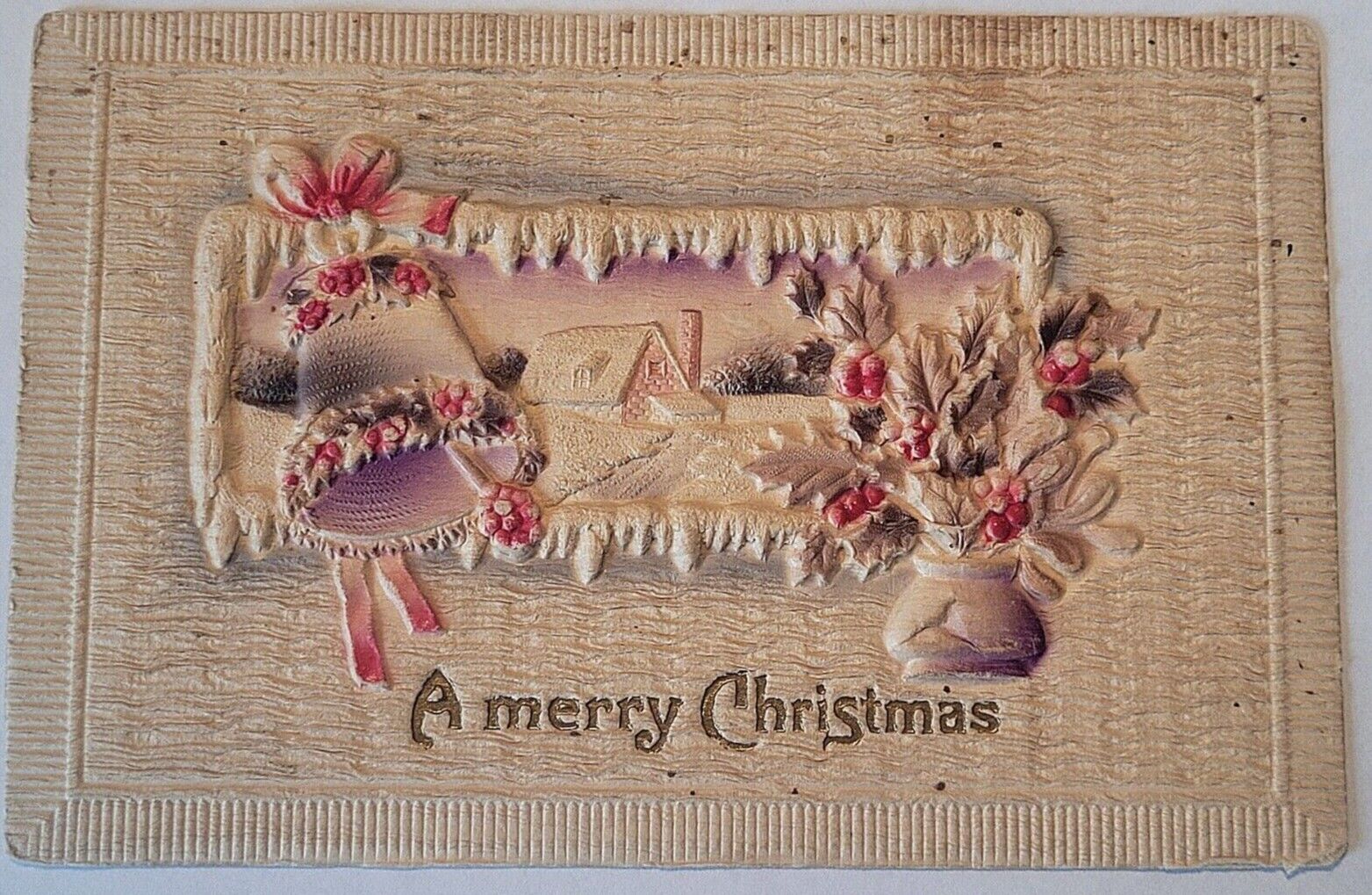 Vtg 1910 Christmas Victorian 3D Postcard Raised Germany Winter Scene Bells Holly