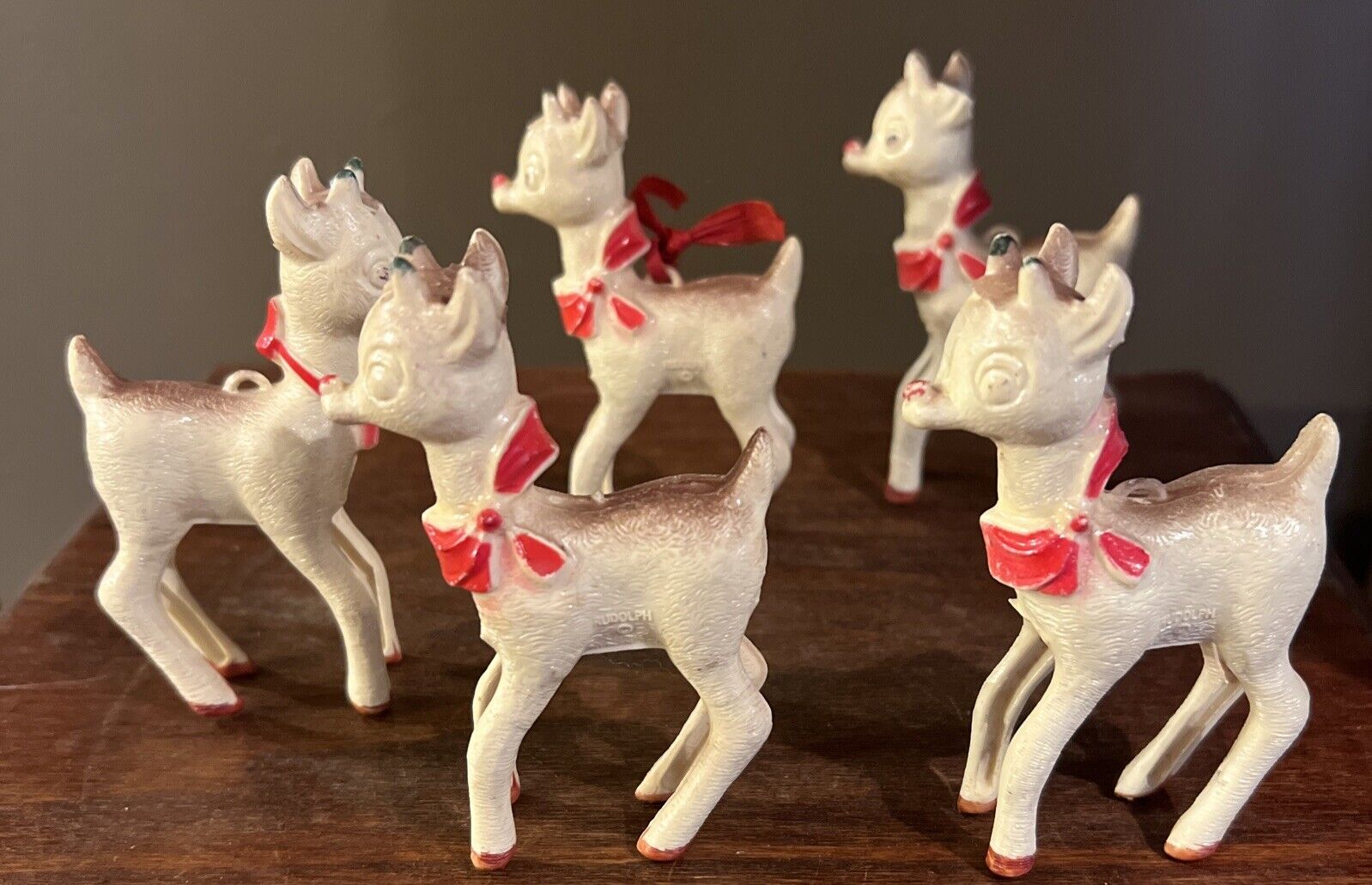 5 Vintage Christmas Rudolph the Red Nose Reindeer Hard Plastic 50\'s-60\'s 3 1/2”