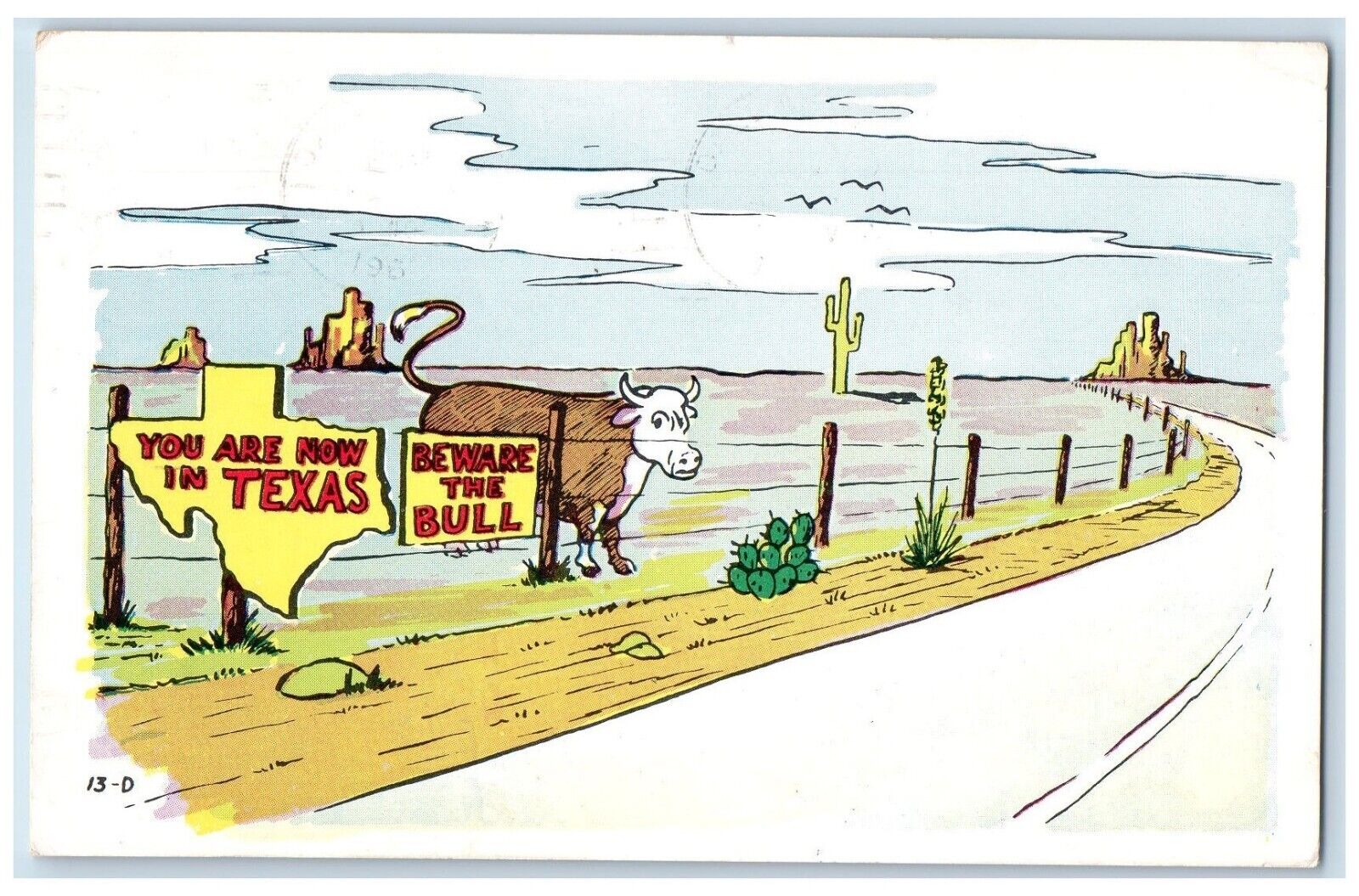 1967 Beware The Bull Fence Sign You Are Now In Texas TX Posted Vintage Postcard