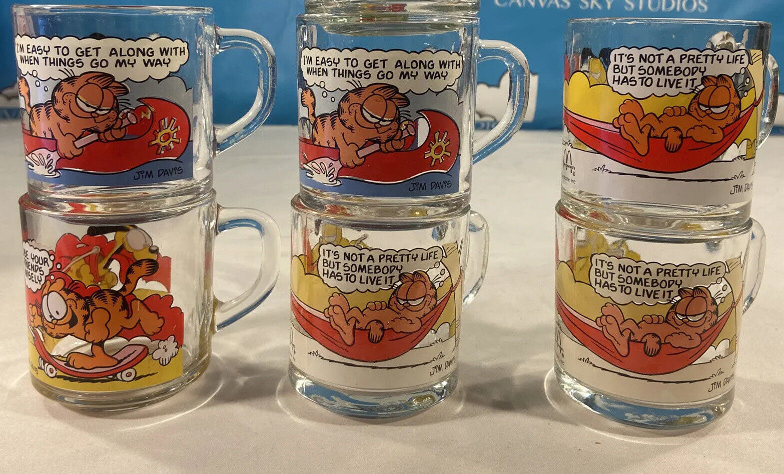 VINTAGE MCDONALDS GARFIELD GLASS CUPS 1978 SET OF 6 EXCL SHAPE BRIGHT AND VIVID