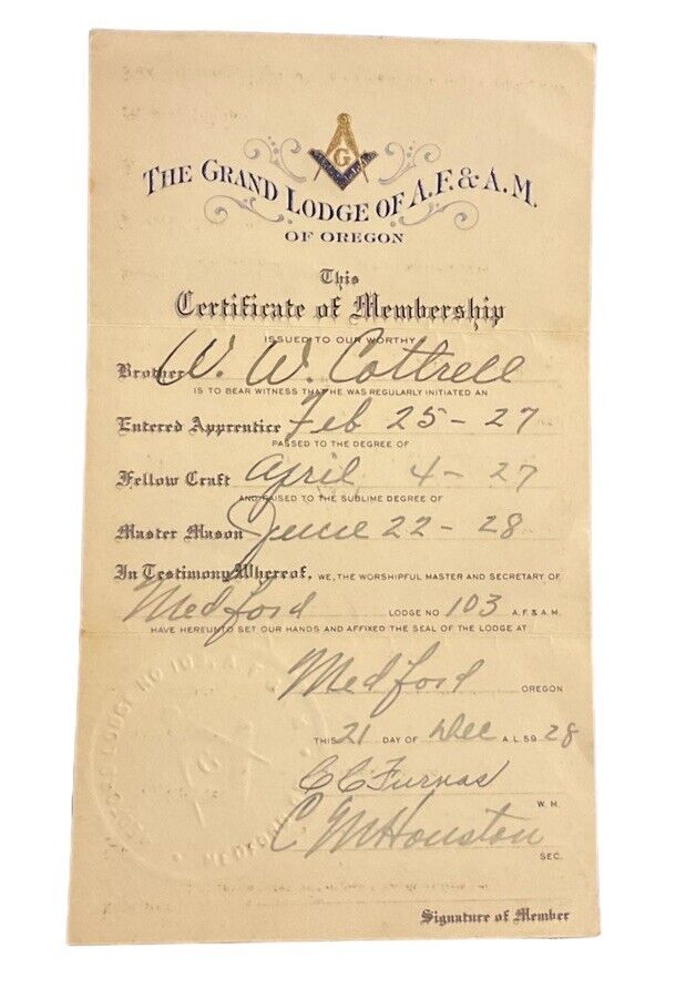 1928 Masons Grand Lodge of AF & AM Certificate of Membership Medford OR A1