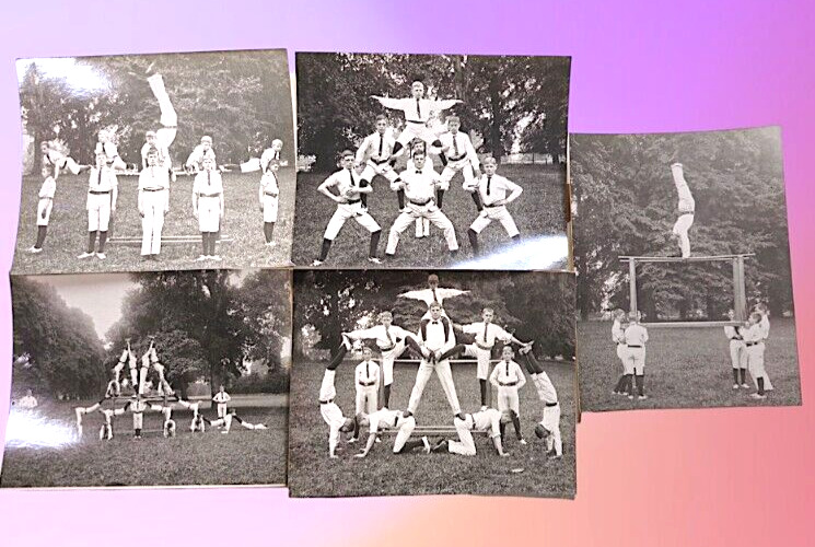 Lot of five antique boys gymnastic photograps 1900s, reproduction 1960s.