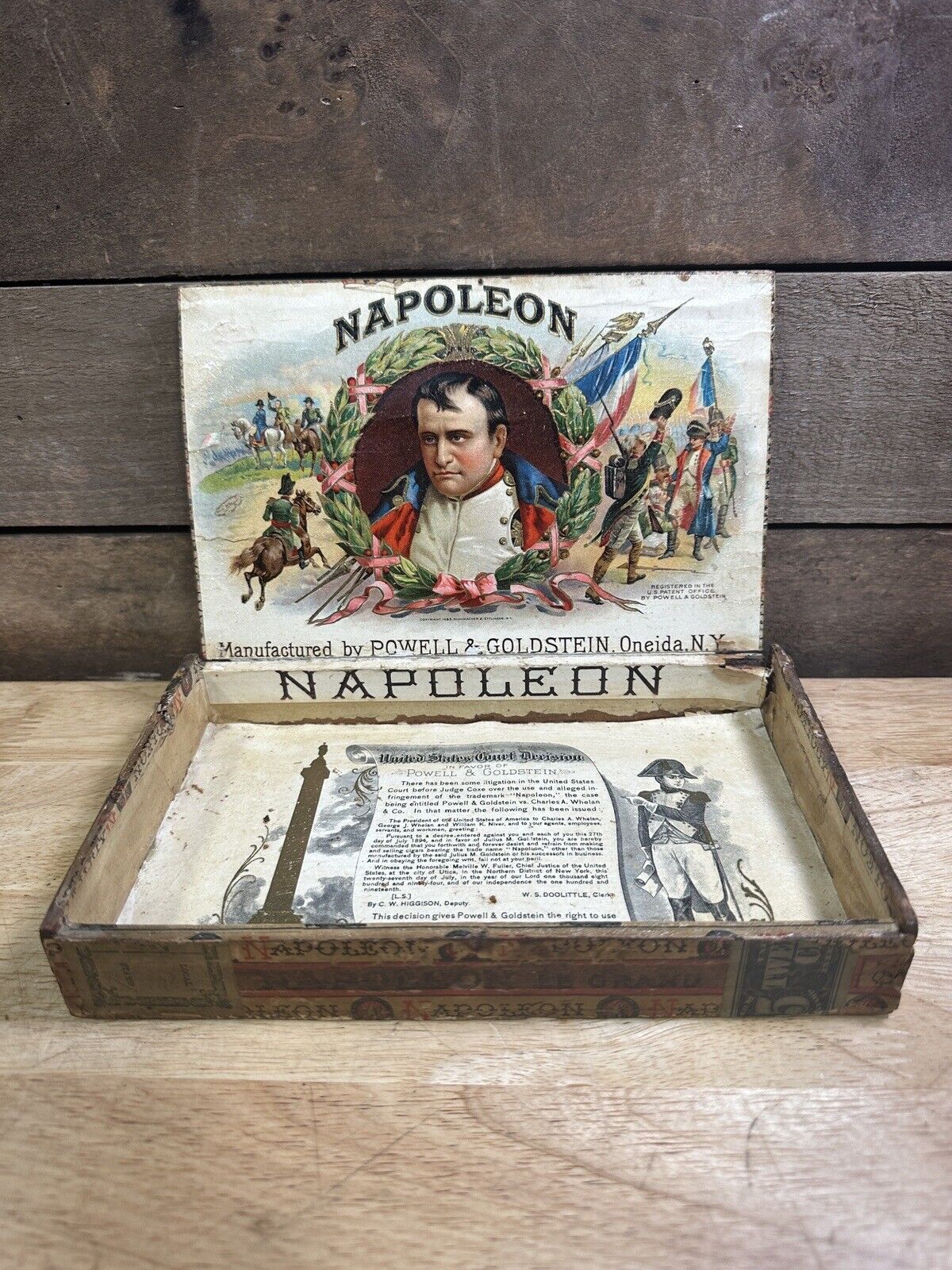 Antique 1909 Napoleon Stamped Wooden 25 Cigar Box Court Decision Imagery