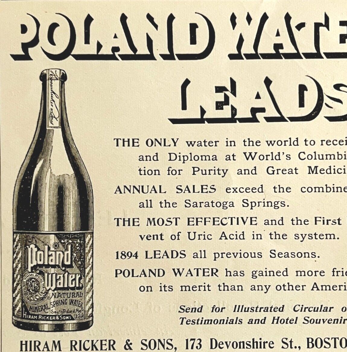 Poland Spring Leads 1894 Advertisement Victorian Portland Maine Water ADBN1mm