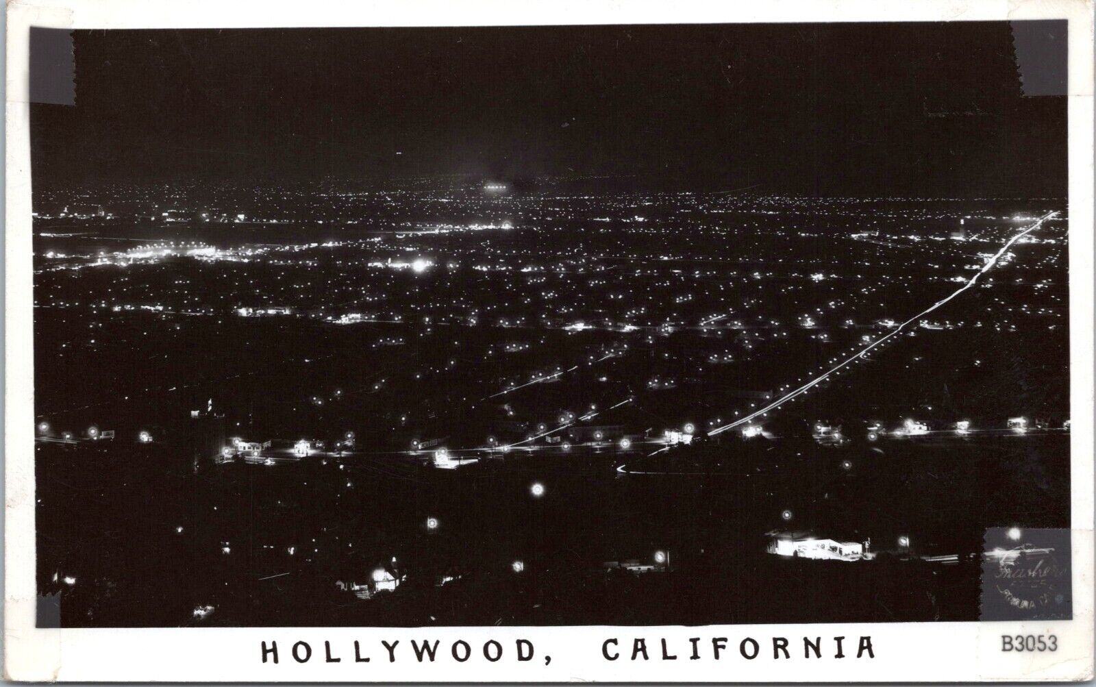 RPPC Hollywood, California at Night - c1940s Frashers Photo Postcard