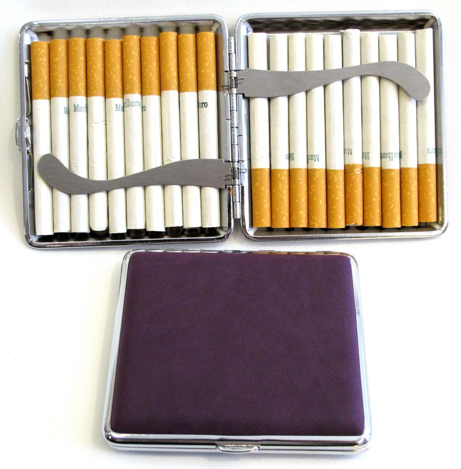 2pc Set Stainless Steel Cigarette Case Hold 20pc Regular Size 84s -PURPLE+ BLACK