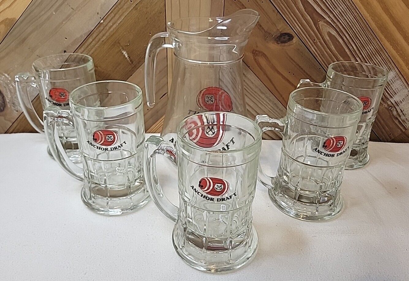 Vintage ANCHOR DRAFT Beer Pitcher & 5 GLASS Lot. Very Rare Set With Pitcher. 