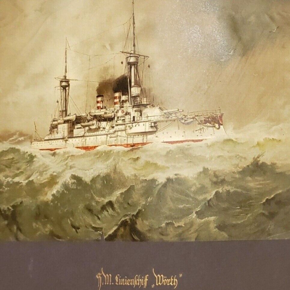 WW1 German battleship Imperial ship SMS Worth Marine Navy print original boat