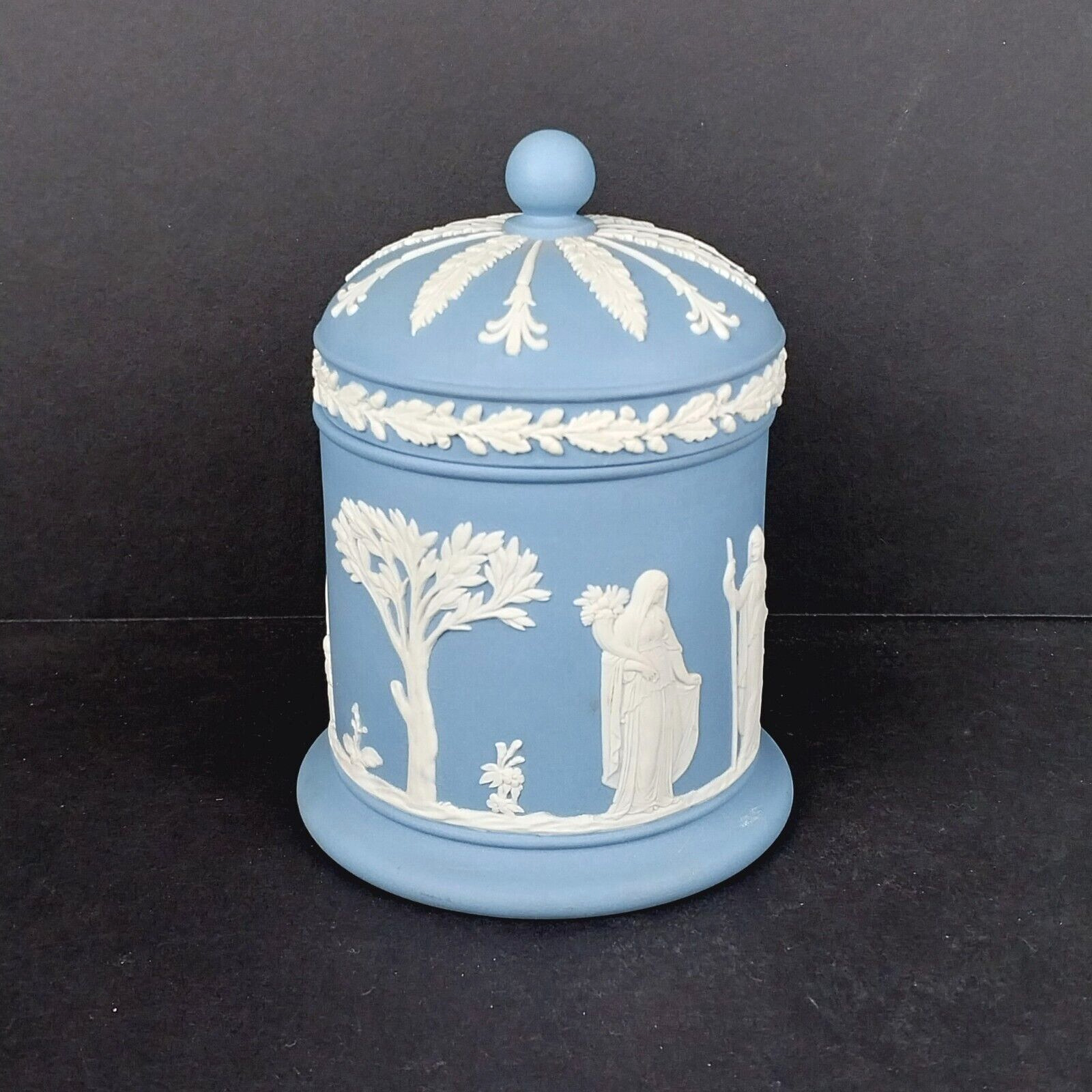 Vintage Wedgwood Jasperware Blue & White Round Lidded Cigaret Jar Made in Englnd