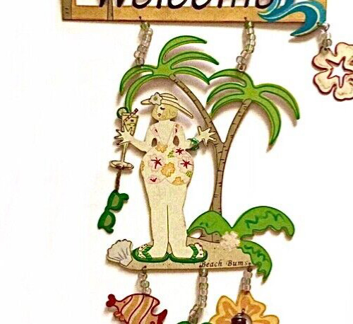 VINTAGE METAL WELCOME SIGN BEACH BUMS WINDCHIME RARE PALM TREE COCKTAIL RETRO