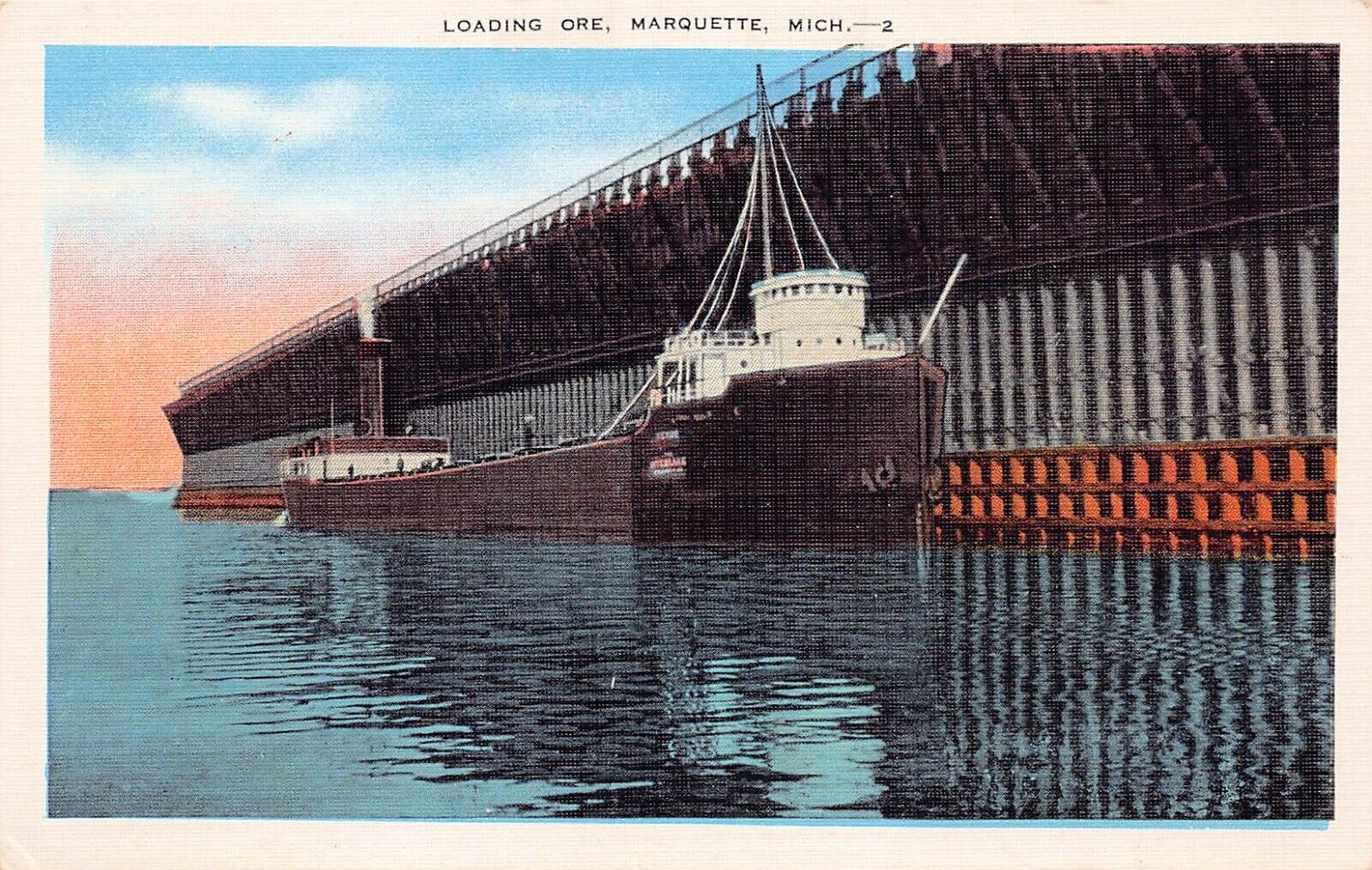 Marquette MI Loading Ore Lake Superior Michigan Ship Freighter Vtg Postcard C51