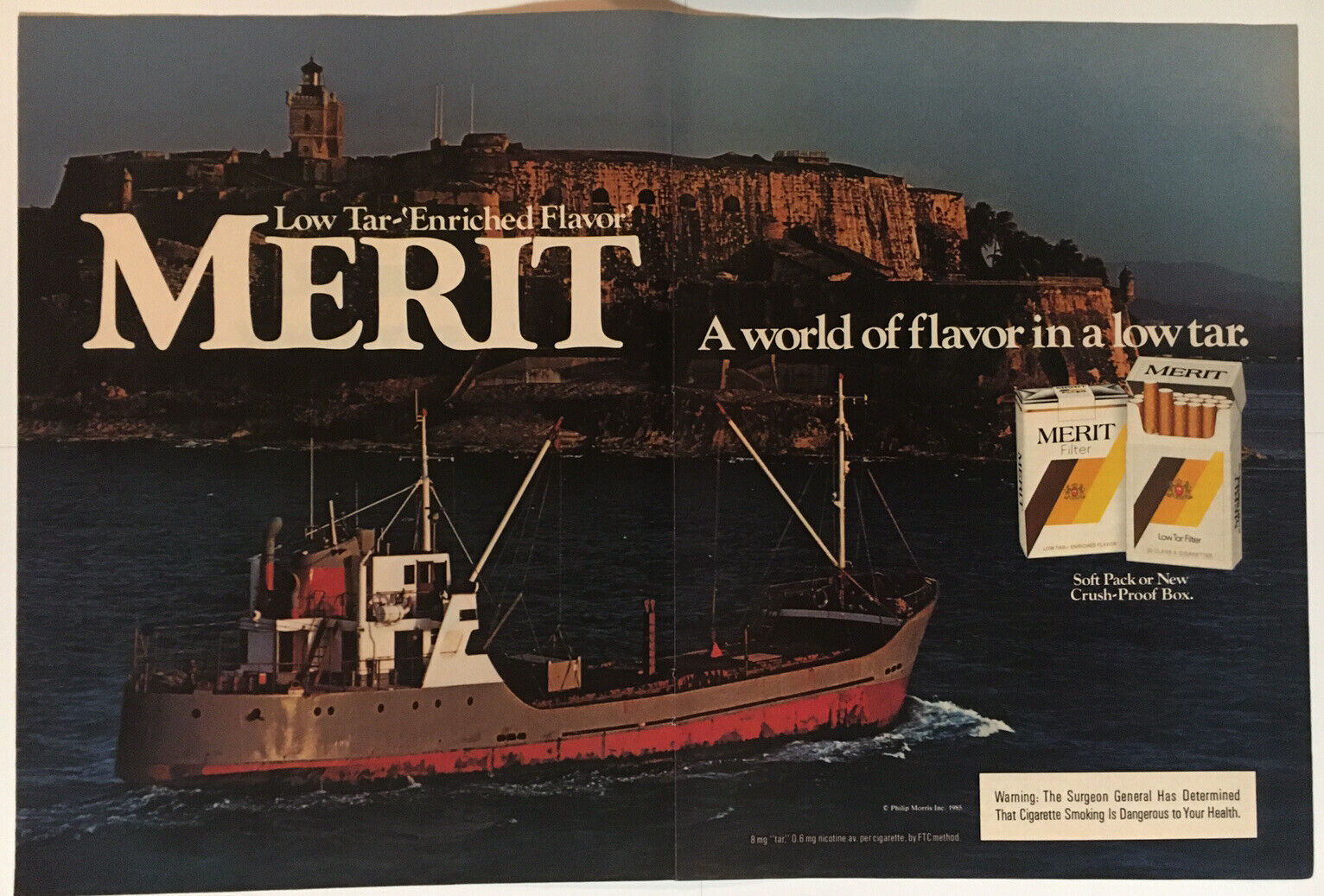 Merit Cigarettes Boat Lighthouse 1985 Vintage Print Ad Two Pages 16x11 Inches