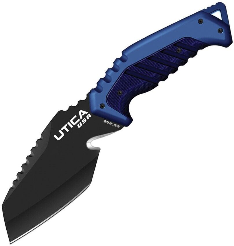 Utica Fishtail Knife 5.13 Sawback 8Cr13MoV Steel Blade Black/Blue Polymer Handle