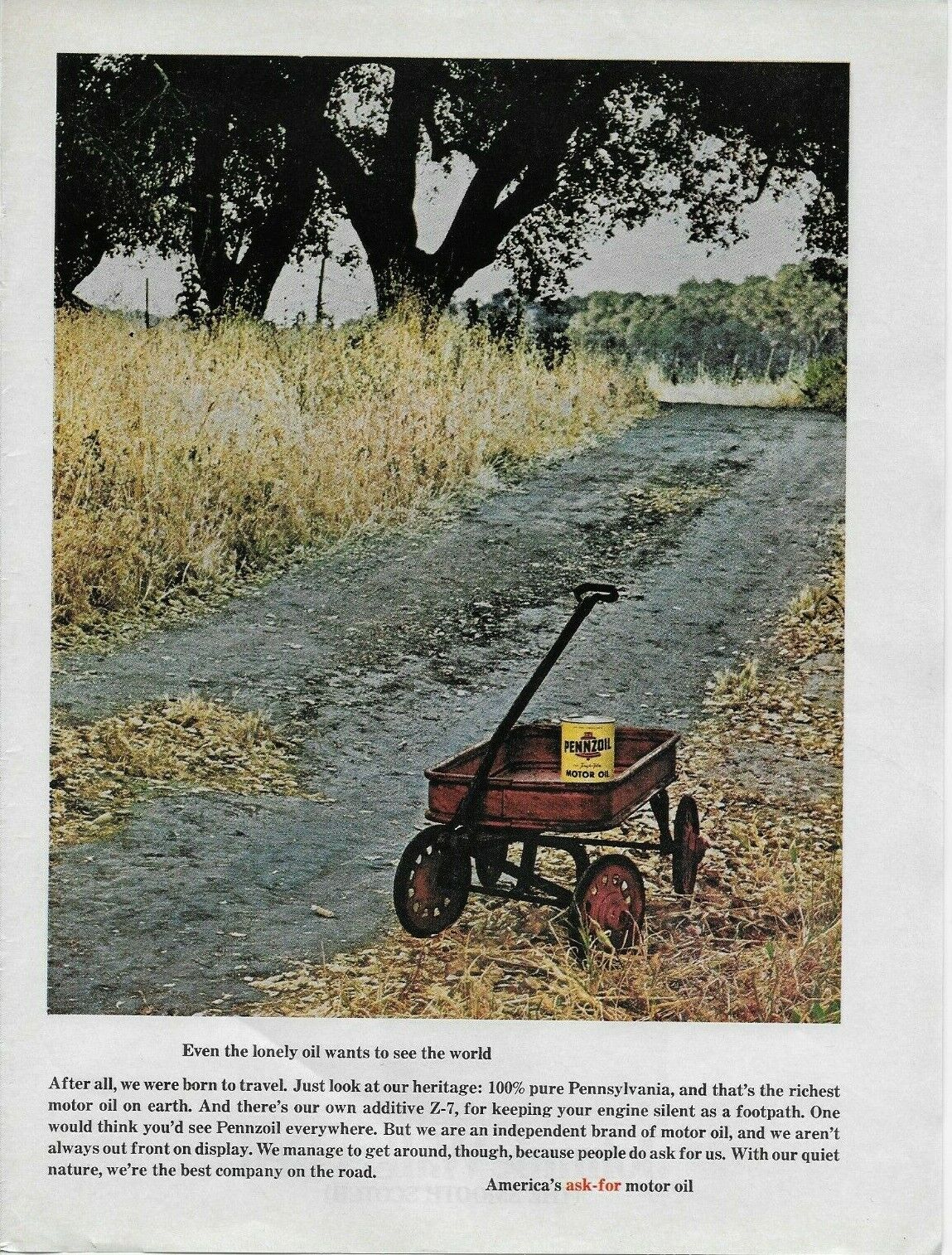1968 Pennzoil Motor Oil Toy Wagon Country Road  Original Color Poster Print Ad