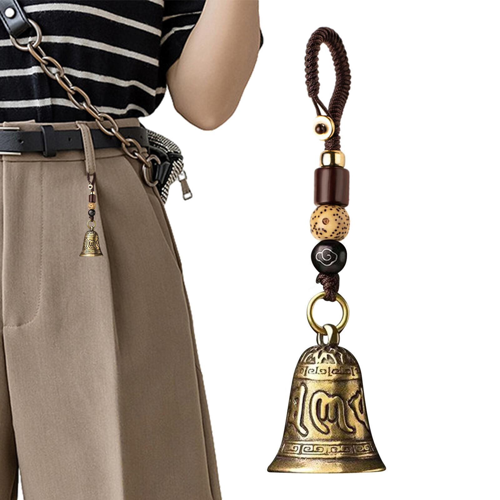 Vintage Brass Bell Car Pendant Bell Hand Bell Keychain Buddhist Scriptures Bell
