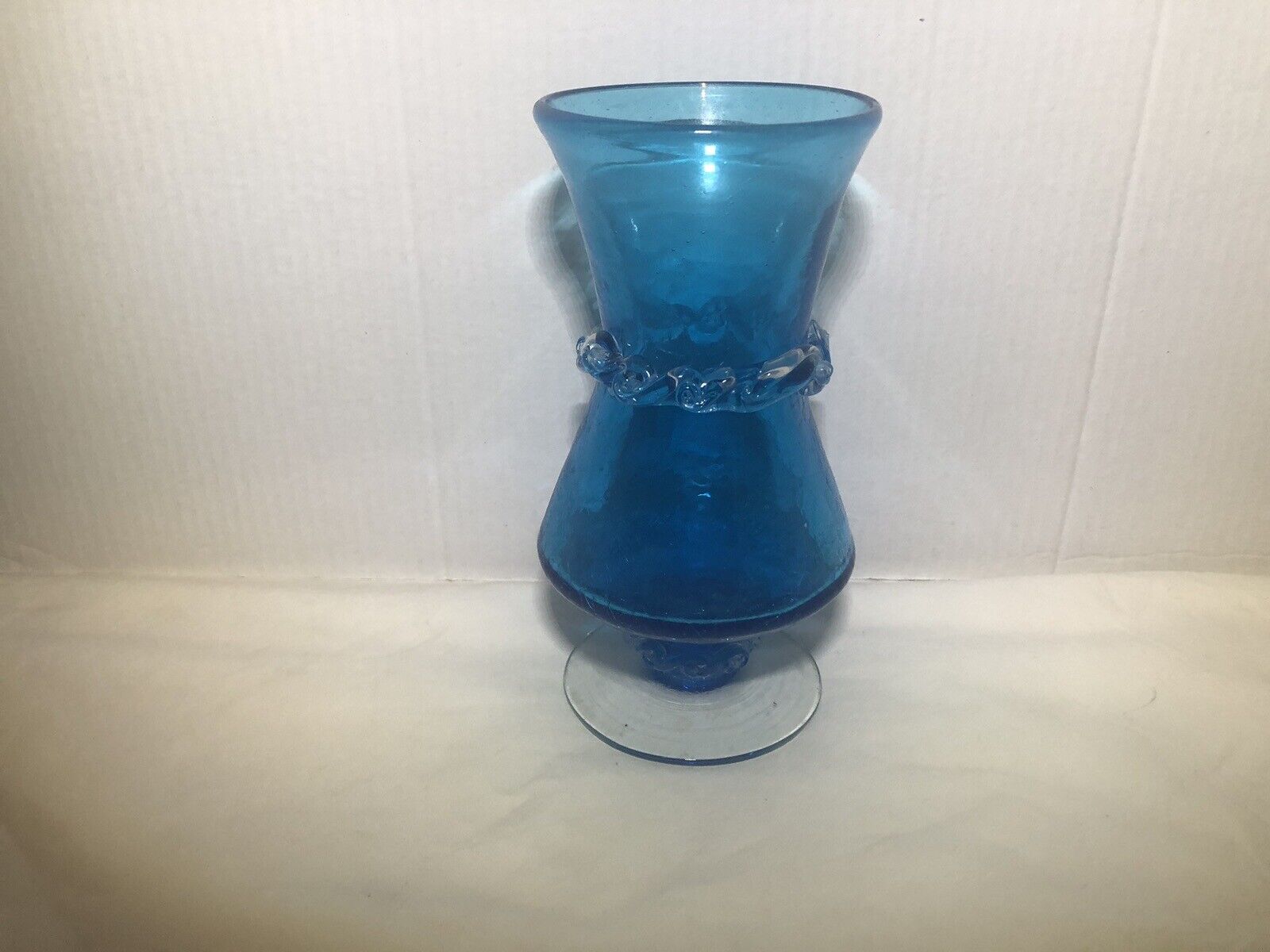 Vintage Crackle Glass Vase Rainbow Hand blown Strawberry Mark Pontil Blue Fancy
