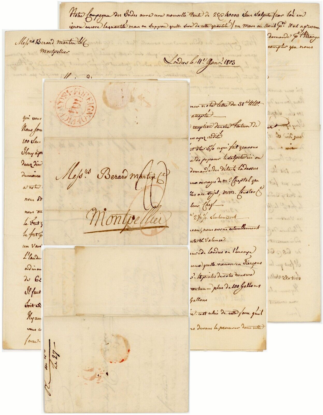 1803 LETTER GB FOREIGN OFFICE POSTMARK VULLIAMY to BERARD MARTIN MONTPELLIER