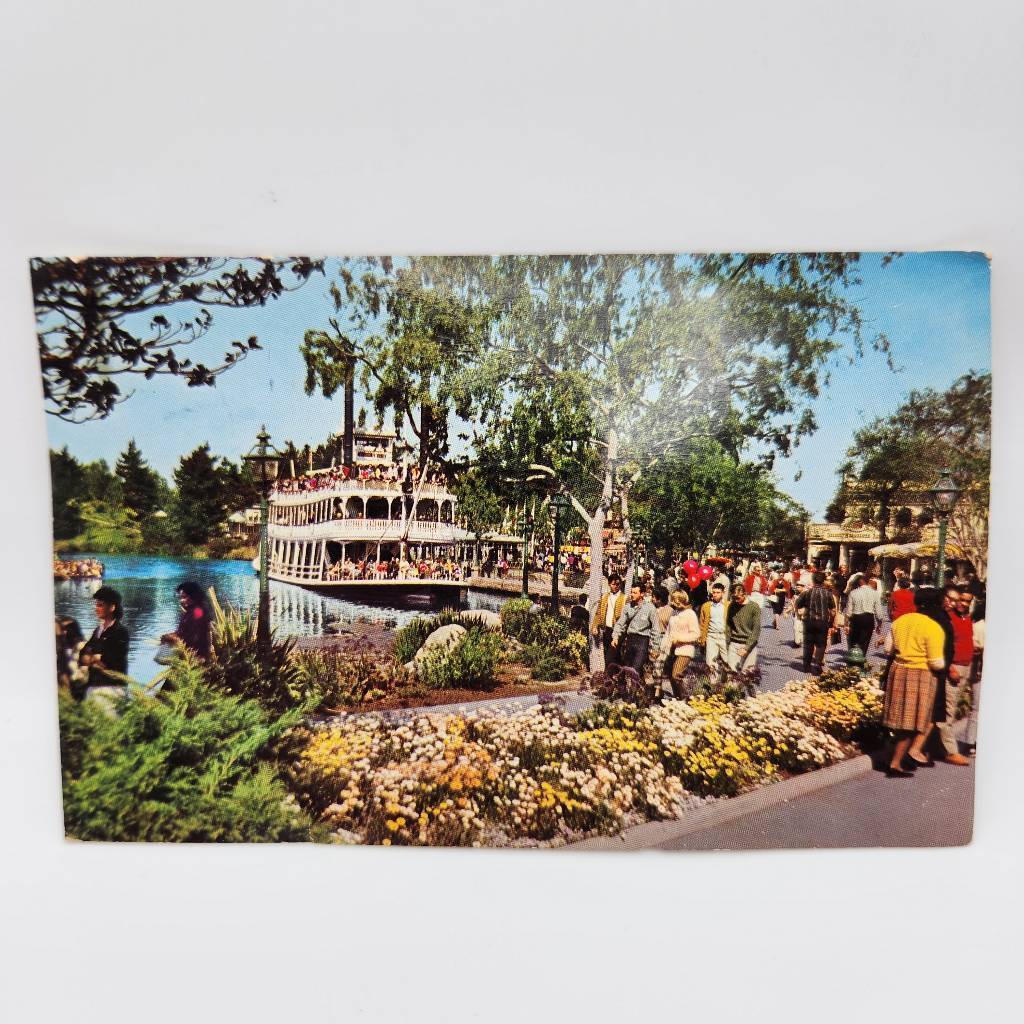 Vintage Disneyland Postcard 1960's Walt Disney Mart Twain Steamboat The Magic Ki