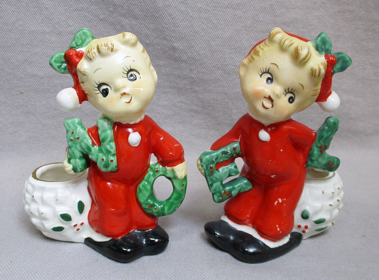 Rare 1950s Commodore Japan Christmas *NOEL* Girl Pixie Figurine Candle Holders