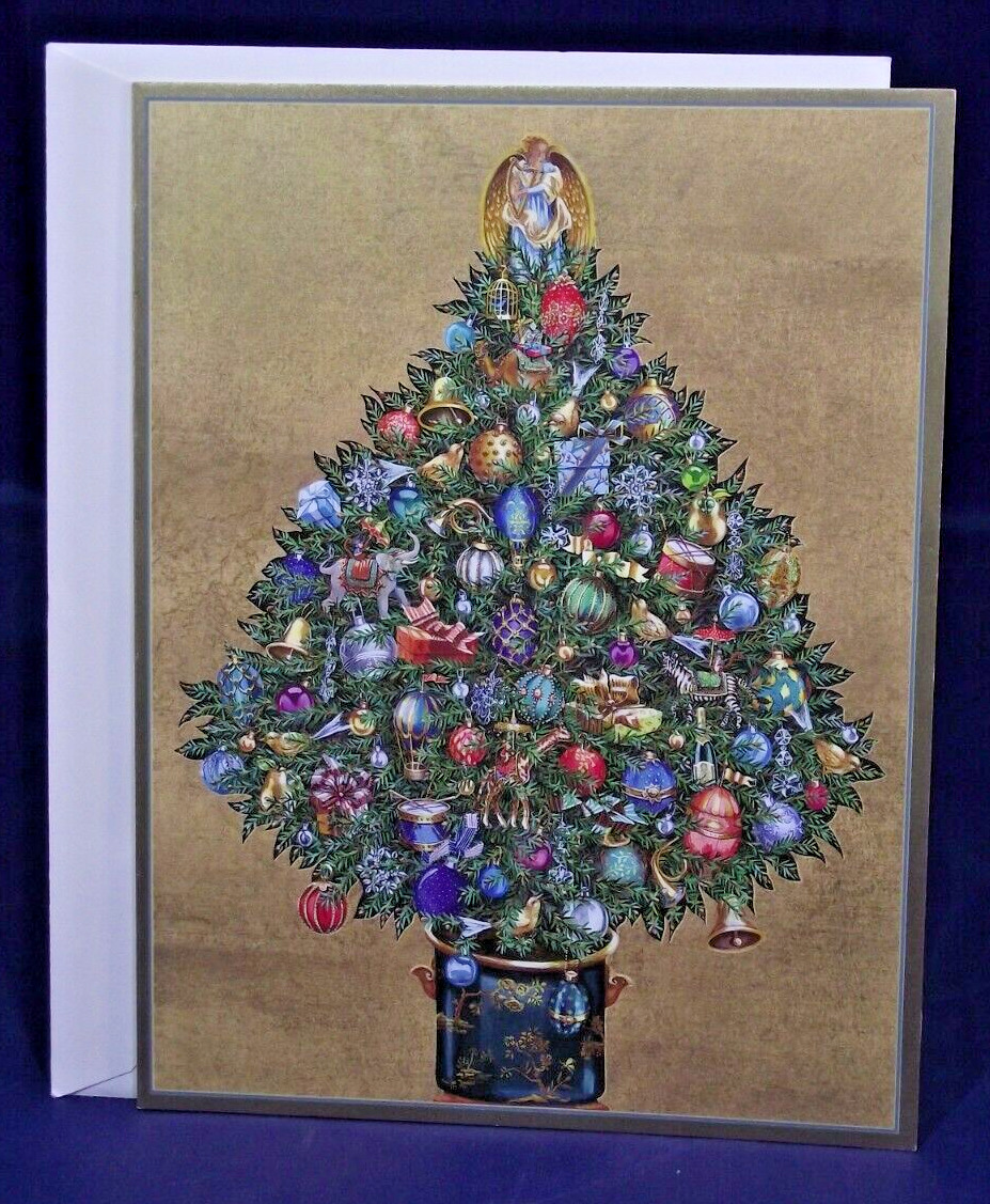 Vtg Caspari Gilt Loaded Christmas Tree Card Unused Katharine Barnwell Envelope