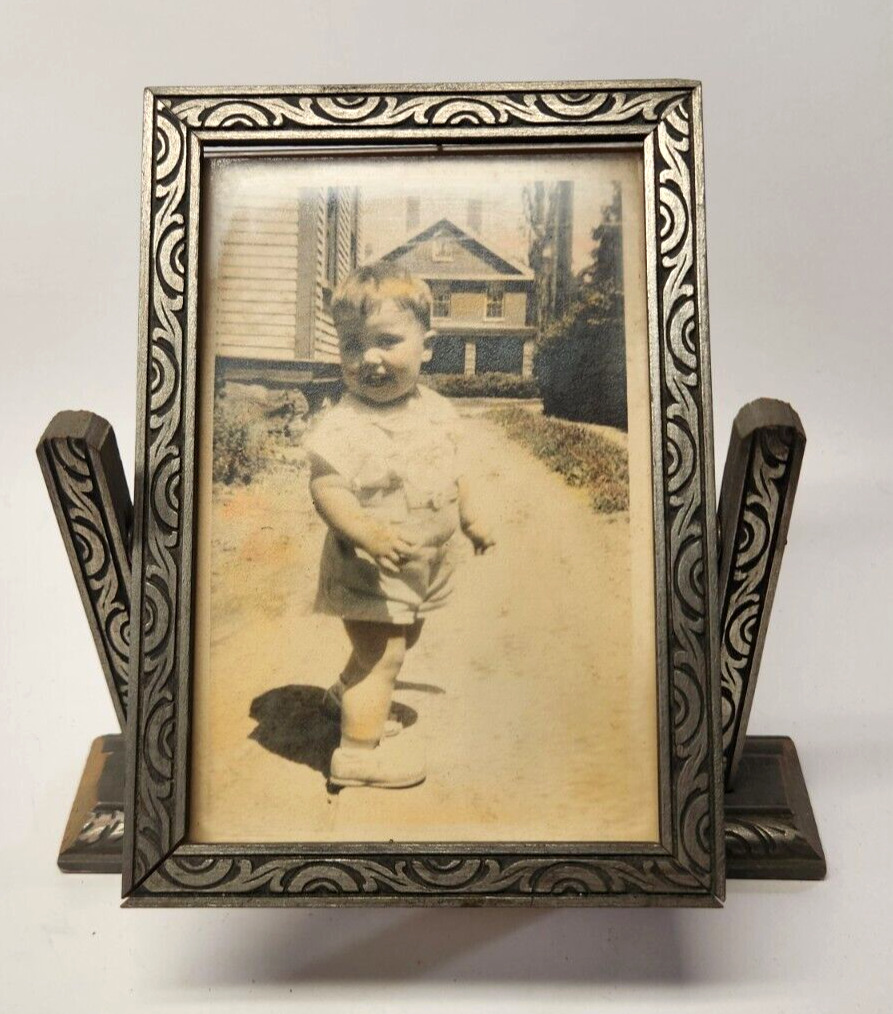 VTG Wood Swing Frame Silver Carved Color Retouched Photo Smiling Baby Boy 8x7