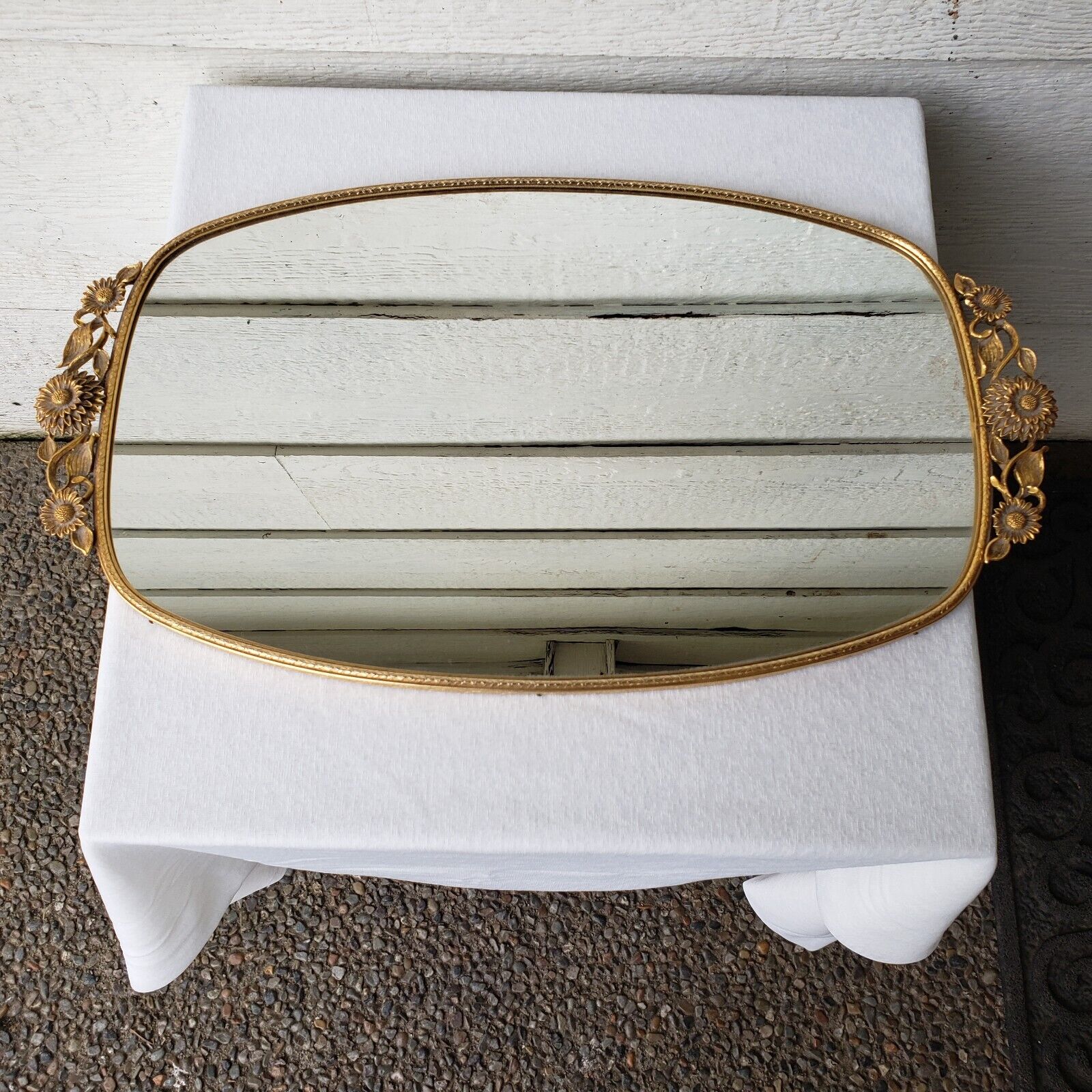 vintage gold metal vanity mirror tray