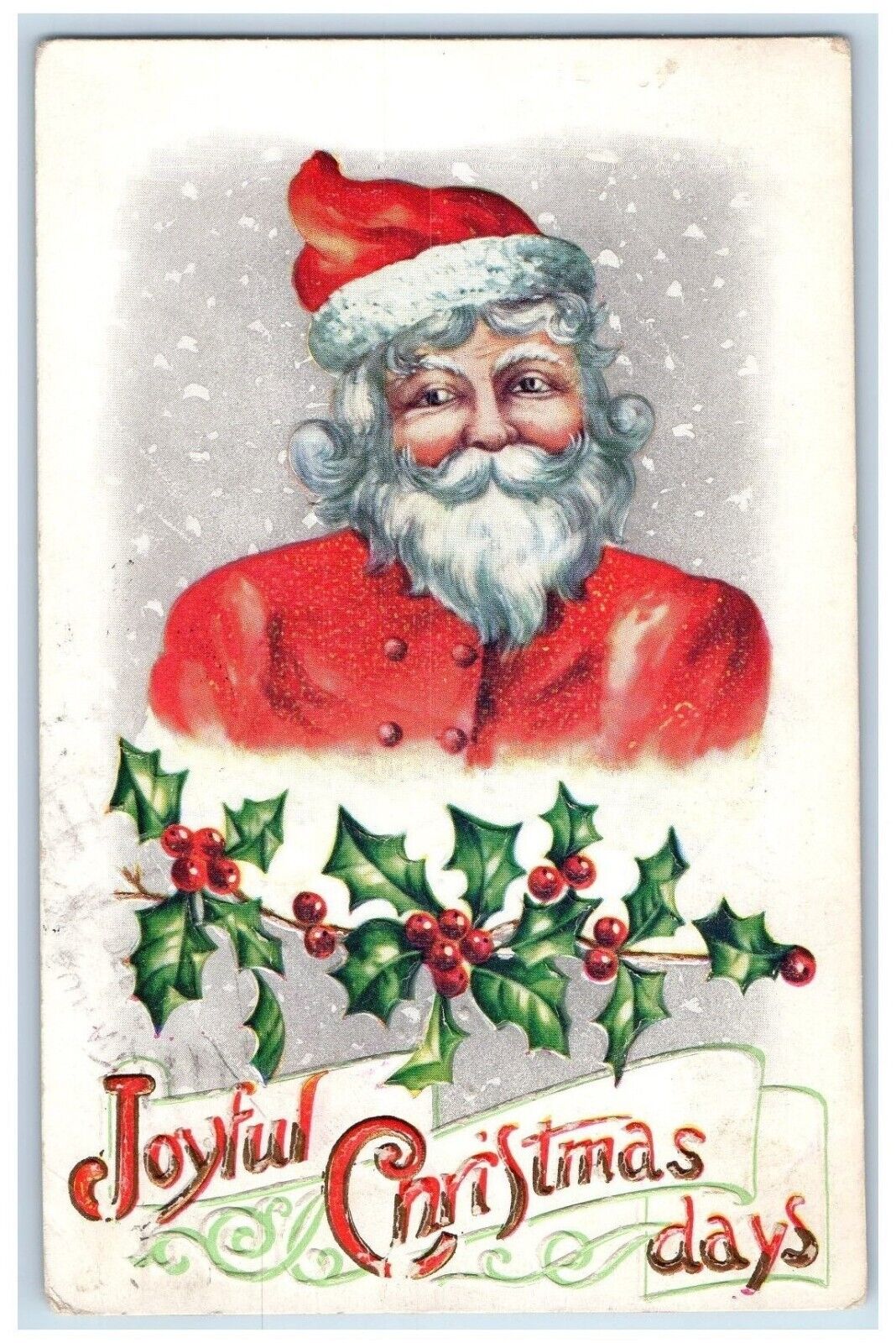 c1910's Christmas Santa Claus Winter Snow Holly Berries Embossed Postcard