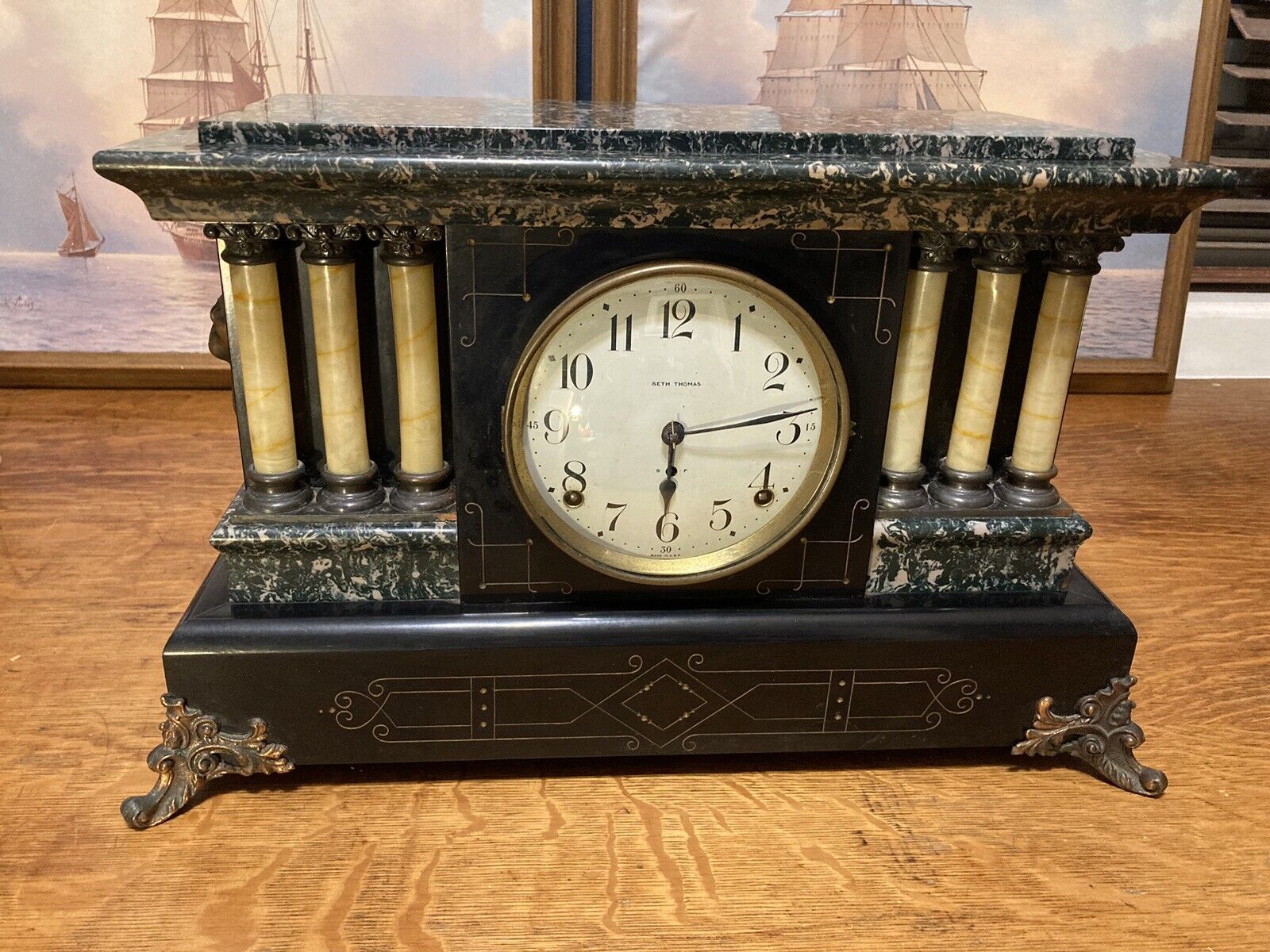Antique Seth Thomas Adamantine 6 Pillar 8-Day Mantle Clock