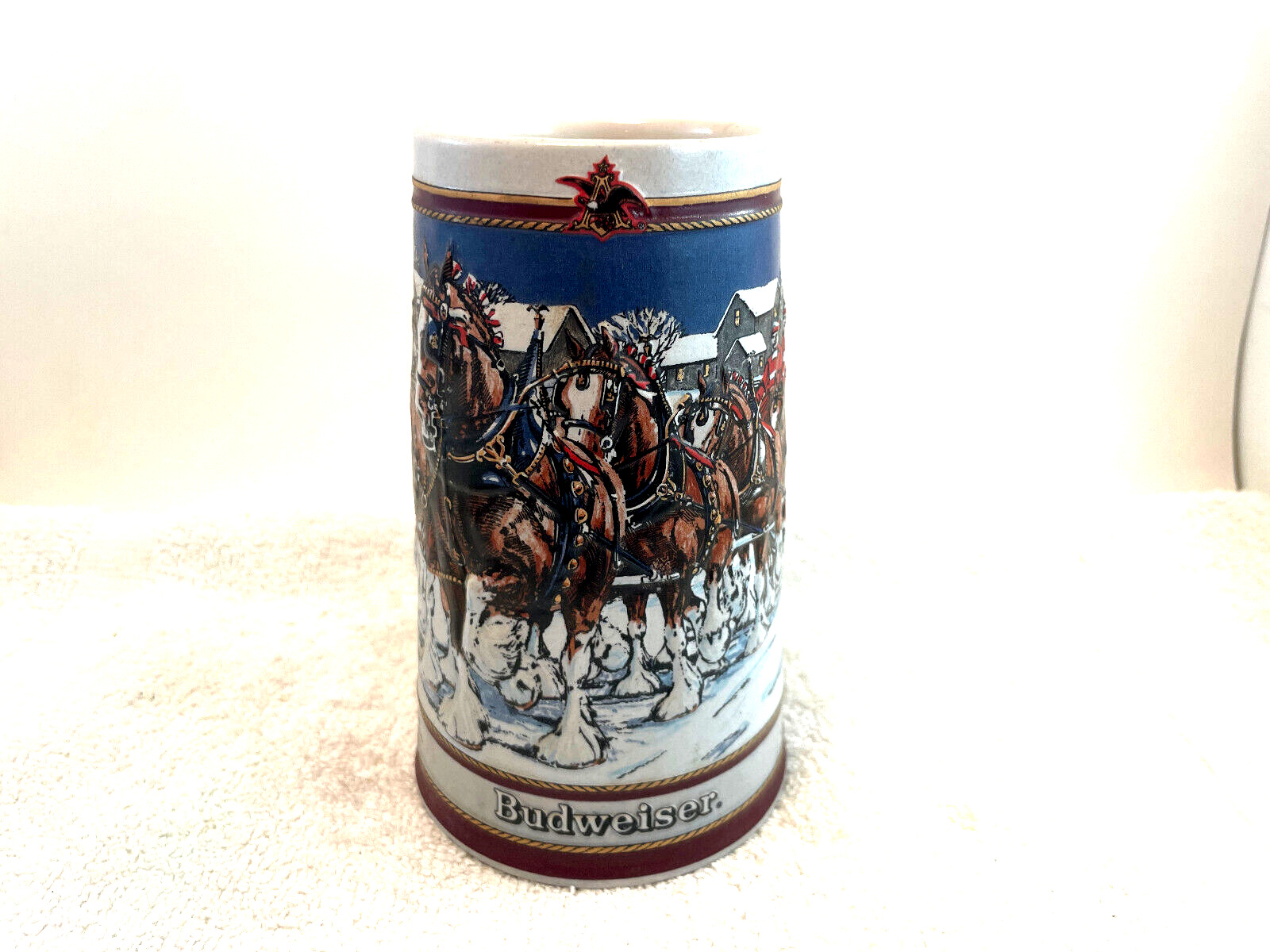1989 Anheuser Busch AB Budweiser Bud Holiday Christmas Beer Stein Clydesdales