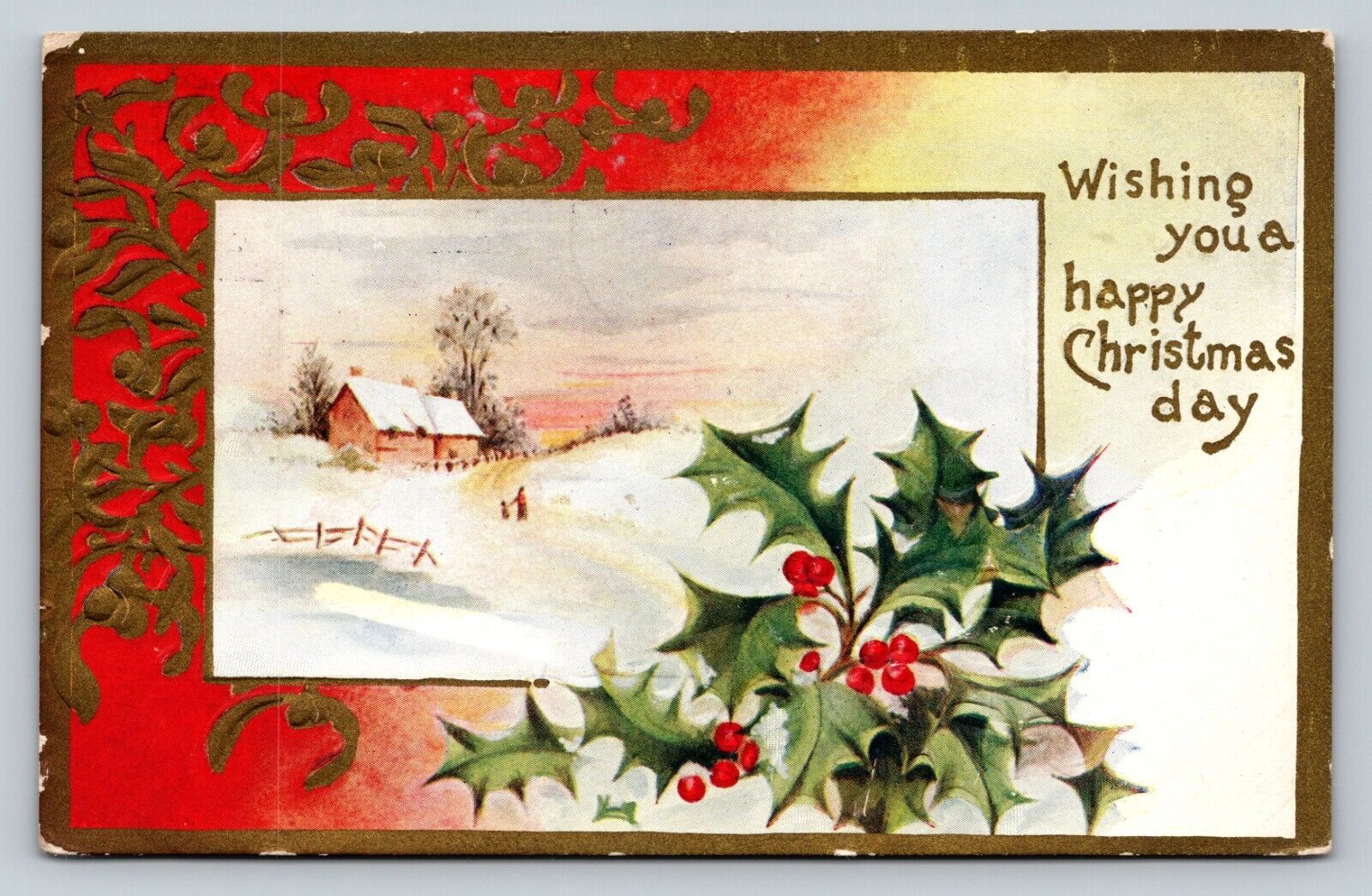 c1909 Holly & Berries Christmas Wishes Embossed ANTIQUE Postcard 1121