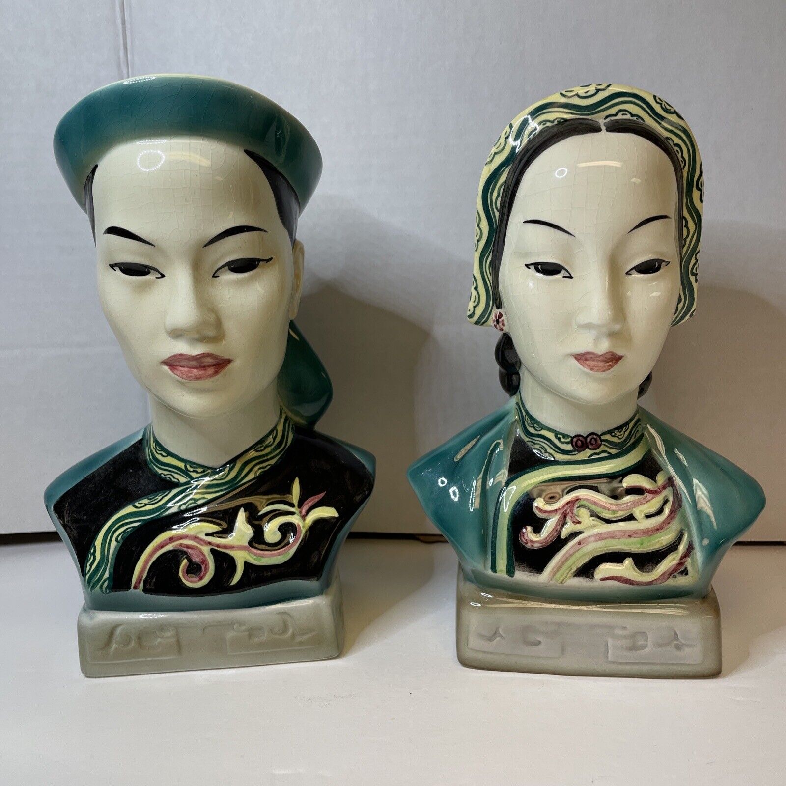 Vintage 1950’s MCM Goldscheider Chinese Busts Green Accents Rare