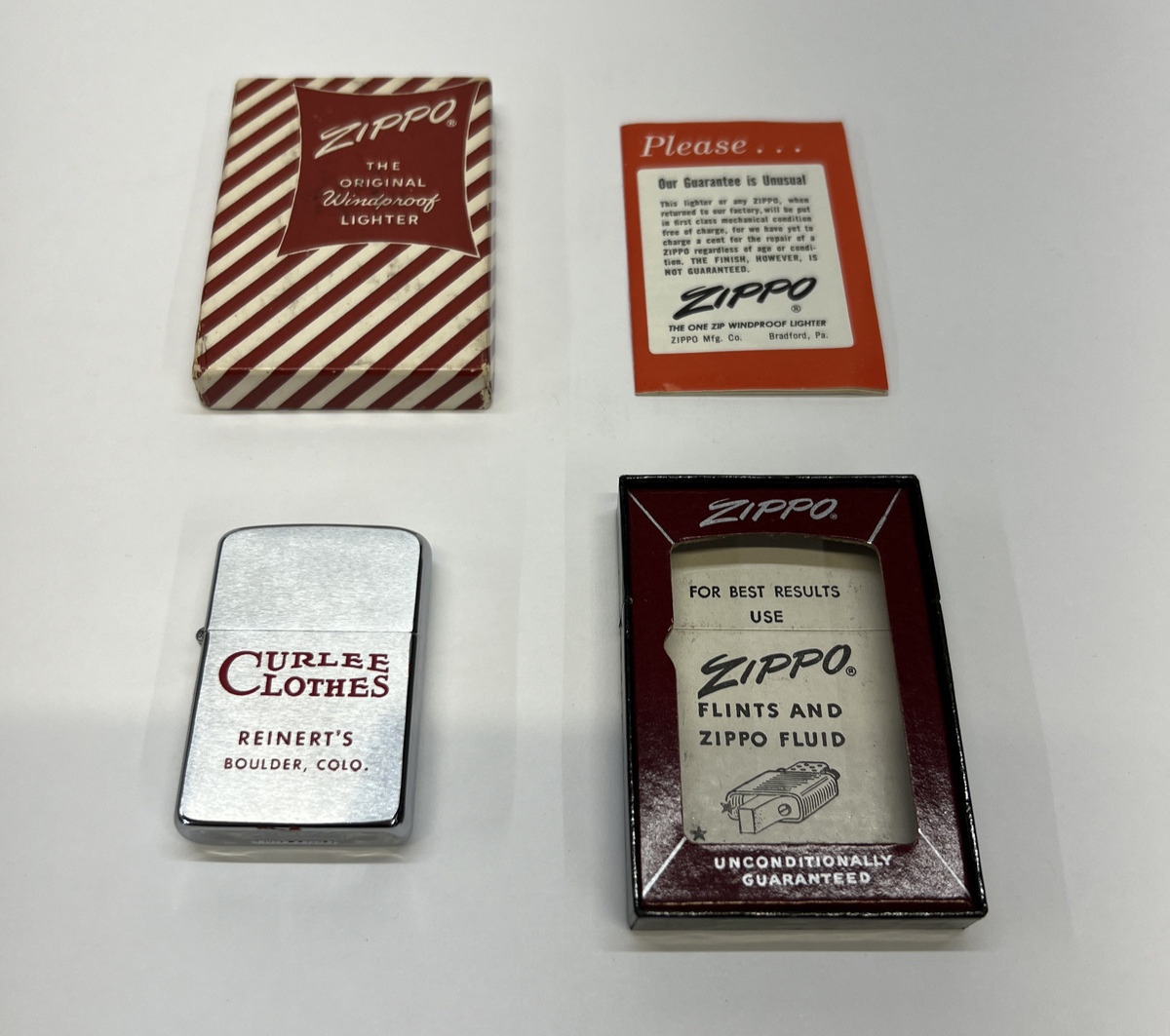Rare Vintage 1950's Zippo Lighter - Unfired. In Box - Curlee Clothes. Colorado