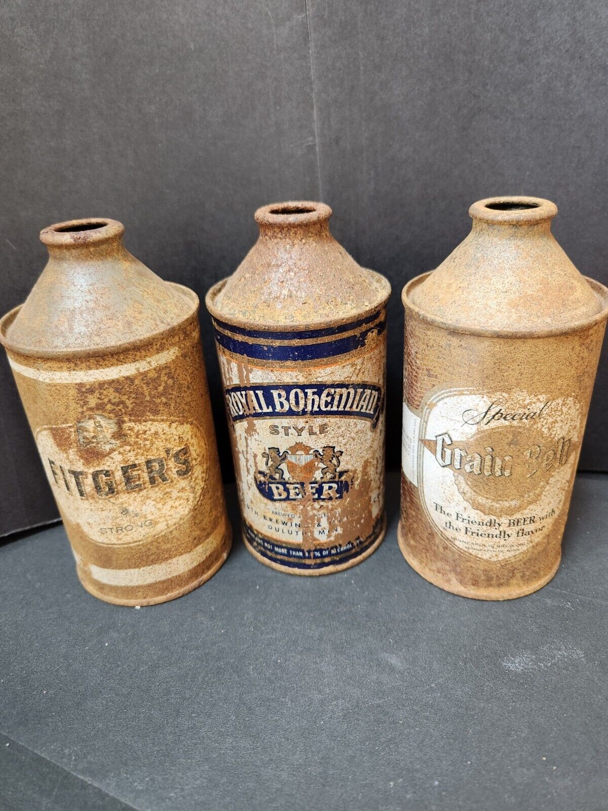 3 Vintage Steel Cone Top Beer Cans: GRAIN BELT SPECIAL, FITGER\'S, ROYAL BOHEMIAN