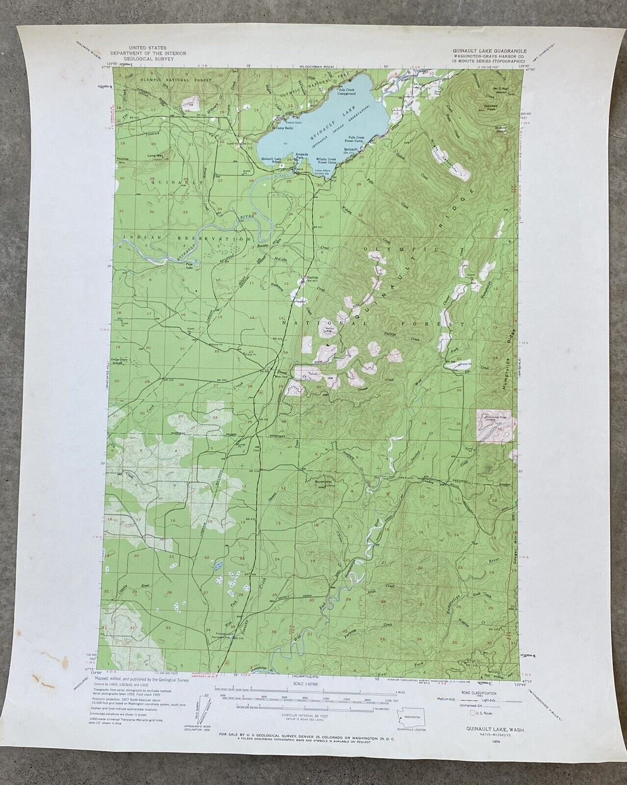 Vintage 1955 Quinault Lake WA USGS Map 22x27\