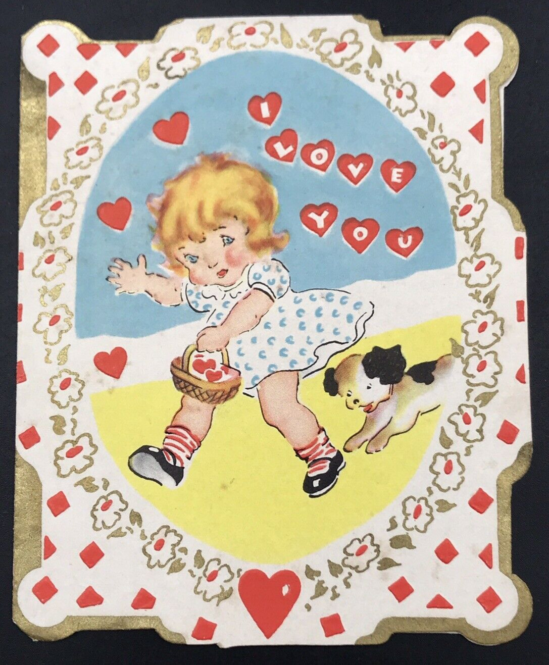 c1900s Diecut Embossed Victorian I Love You Girl w/ Puppy Valentine Greeting