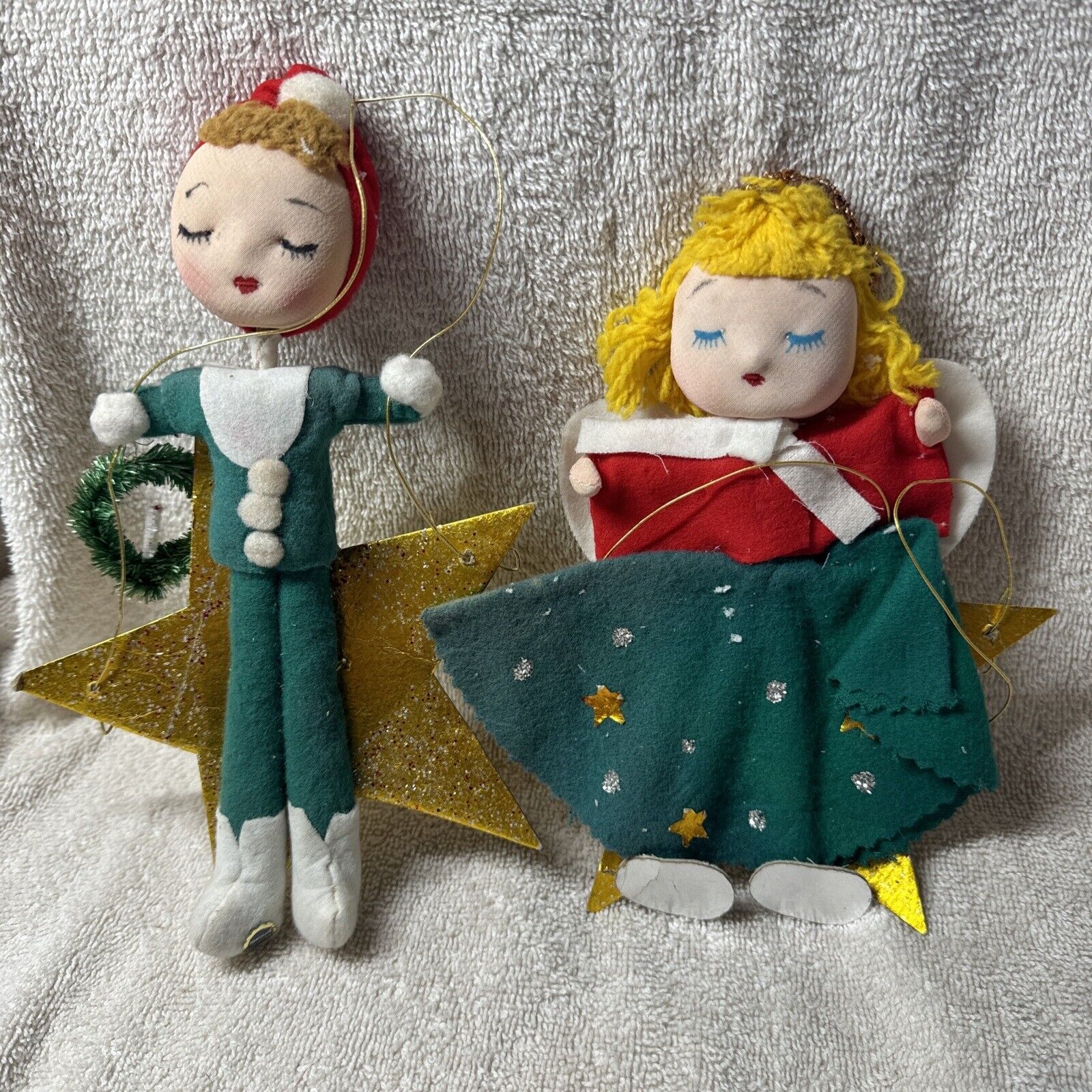 Vintage Nylon/Felt Pixies On Stars Christmas Ornaments Lot 2 Japan D99