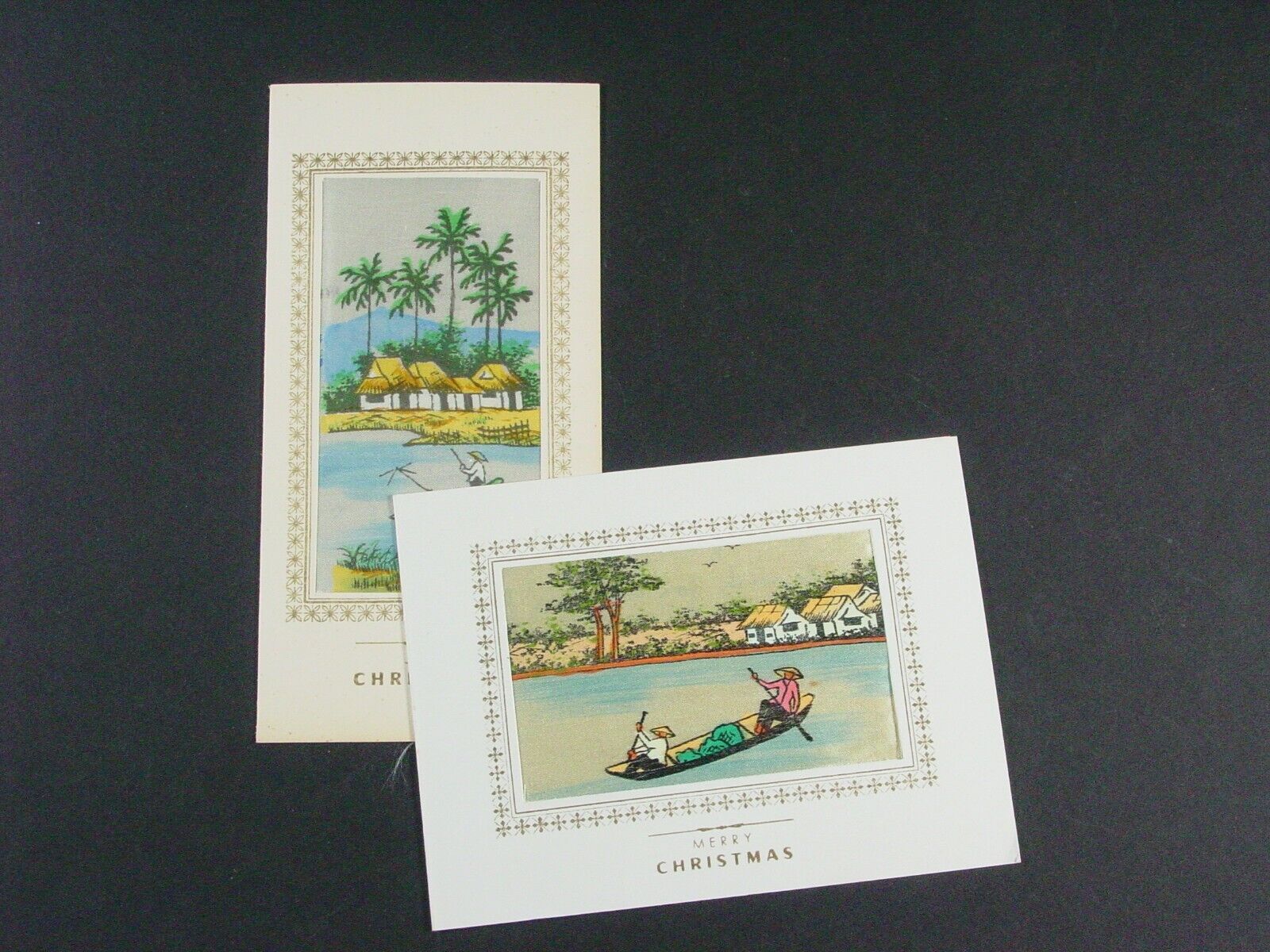 2 Vintage 1960s Oriental Christmas cards silk screen insets boats signed Vietnam