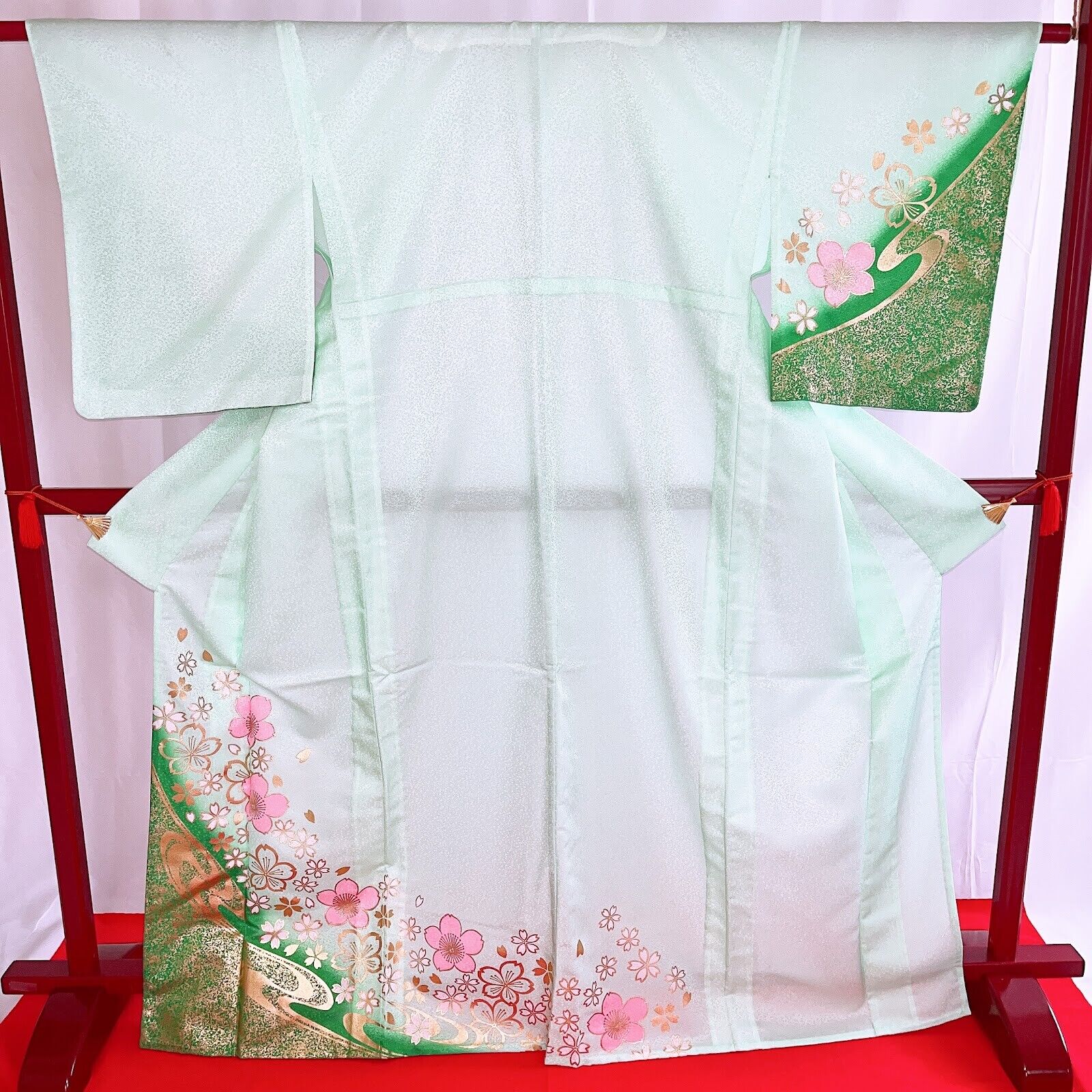 Japanese Kimono 'HOUMONGI' Polyester/Green/Gold/Pink/ Cherry blossoms