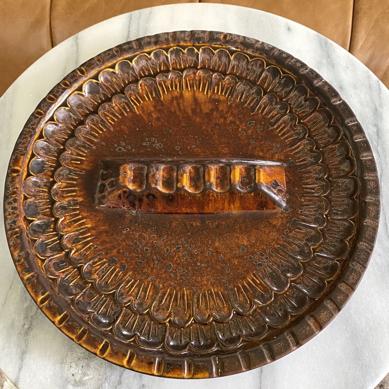 Vintage MCM Hippie Pottery Ashtray Round Textured Brown Catchall Dish Tray