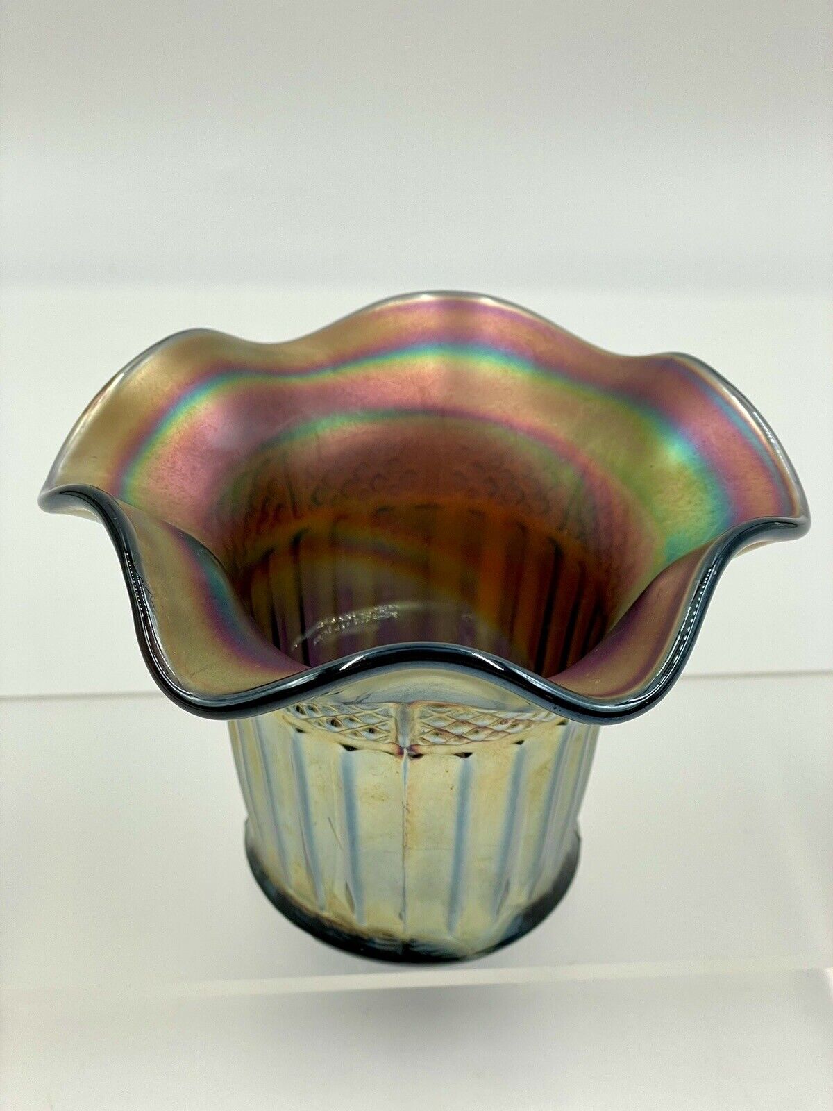 Antique NORTHWOOD LUSTRE FLUTE Amethyst Coppery Carnival Glass Hat Vase Pre 1925