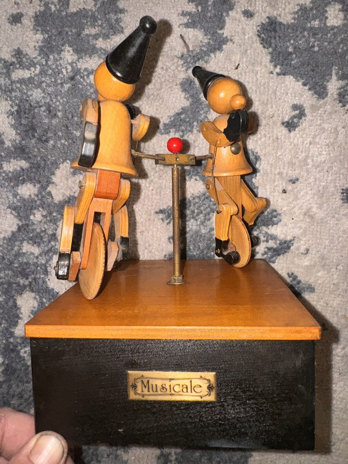 Vintage Sankyo Karakuri Doll Wood Music Box Musicians on Unicycles Rare