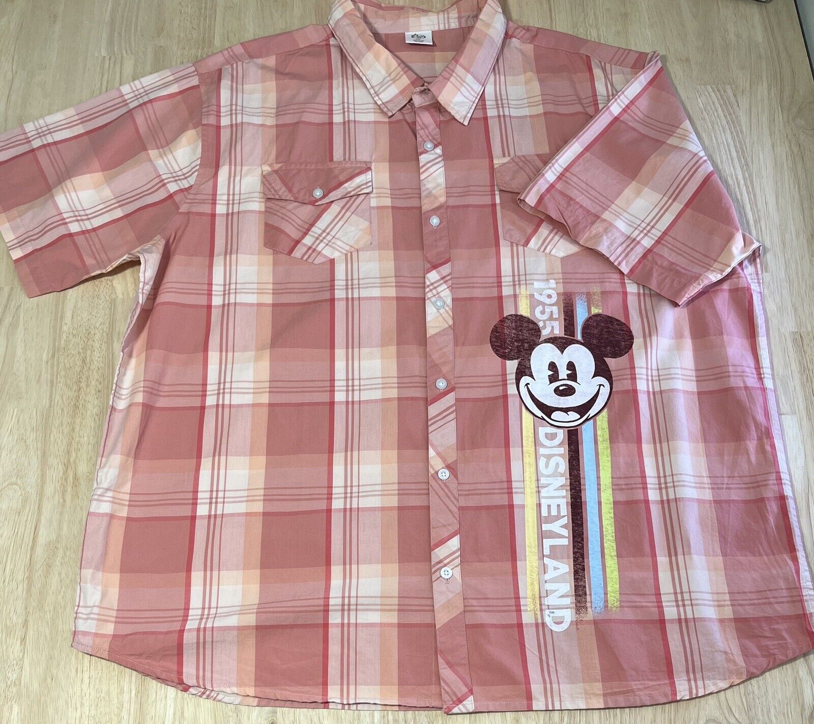 (2X) WALT DISNEY WORLD Peach Plaid Short Sleeve Button Up Shirt WWD WDW NWOT