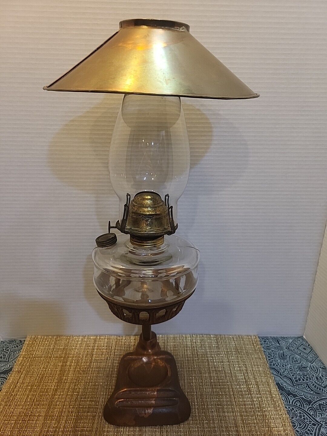 Antique P&A Oil Lamp With Copper Base And Shade Tabletop 