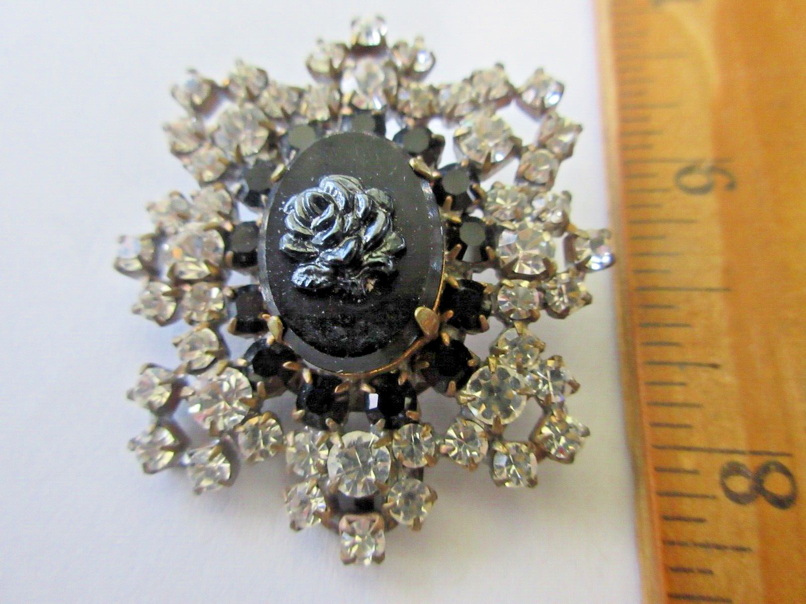 Beautiful  Czech Vintage Glass Rhinestone Button  Crystal & Black Mirror & Rose