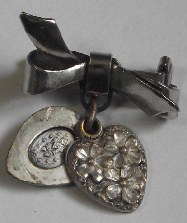 Vtg Miraculous Virgin Mary heart shape floral slide medal charm bow pin brooch